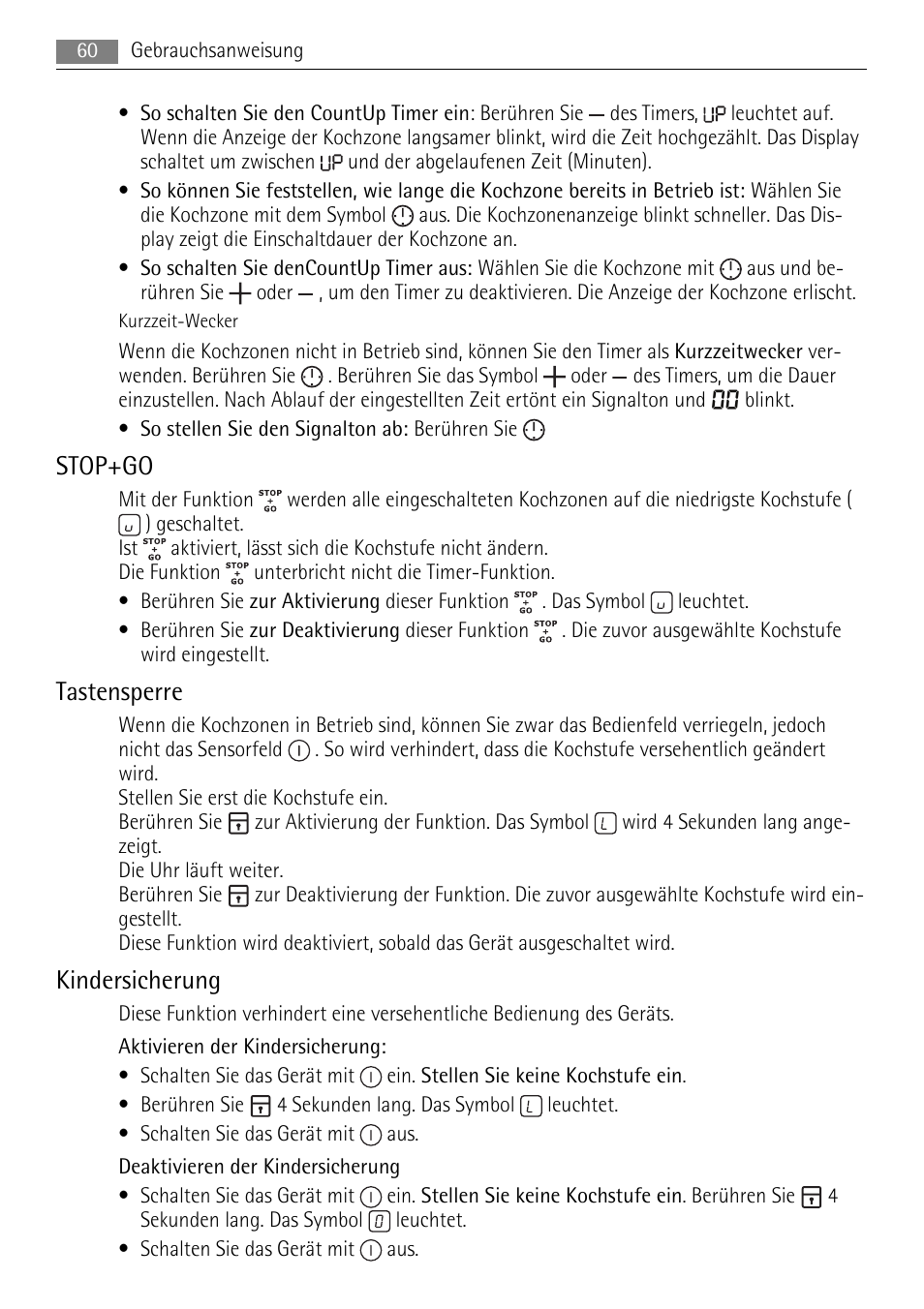 Stop+go, Tastensperre, Kindersicherung | AEG HK854400XB User Manual | Page 60 / 84