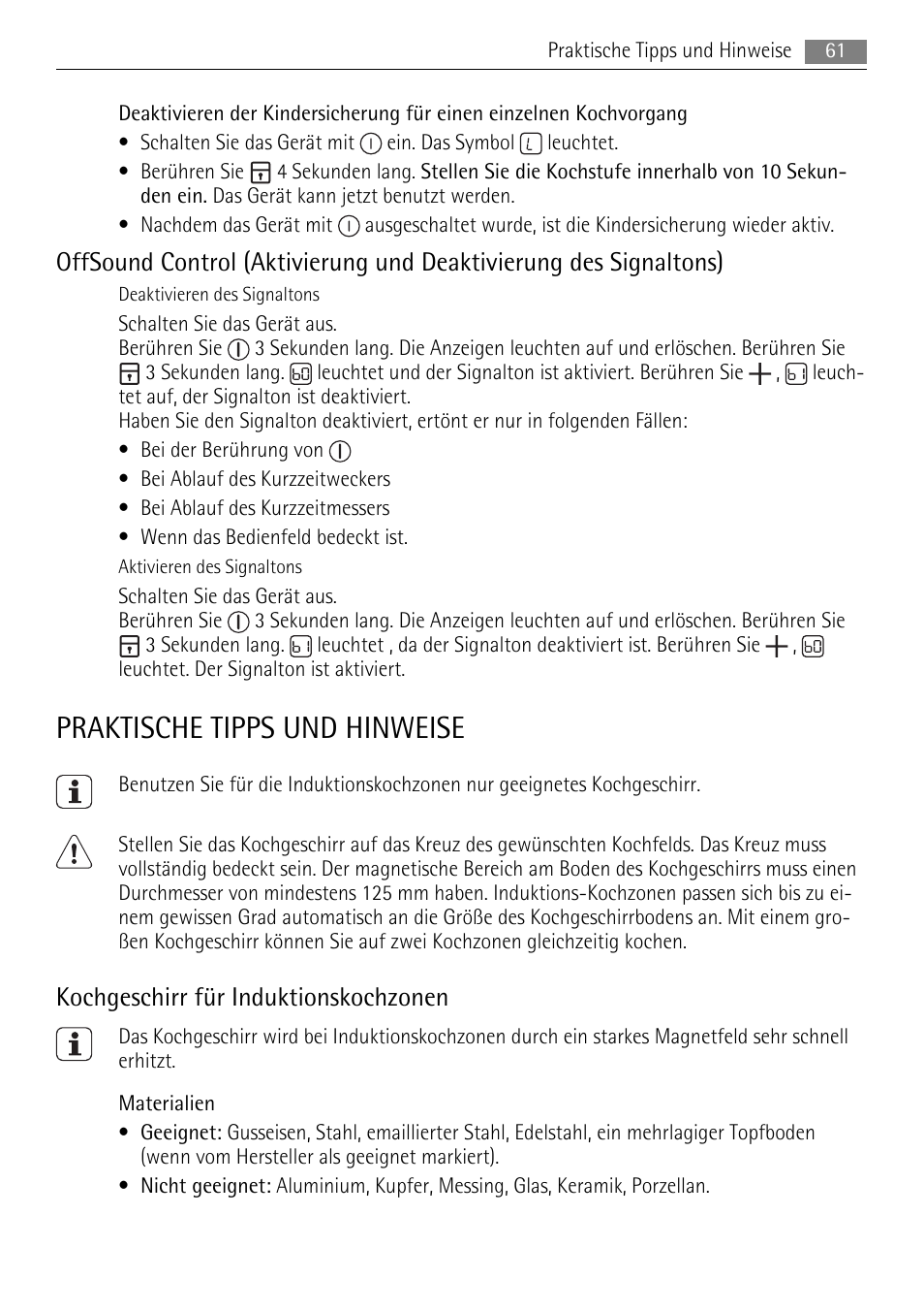Praktische tipps und hinweise, Kochgeschirr für induktionskochzonen | AEG HK854400XB User Manual | Page 61 / 84