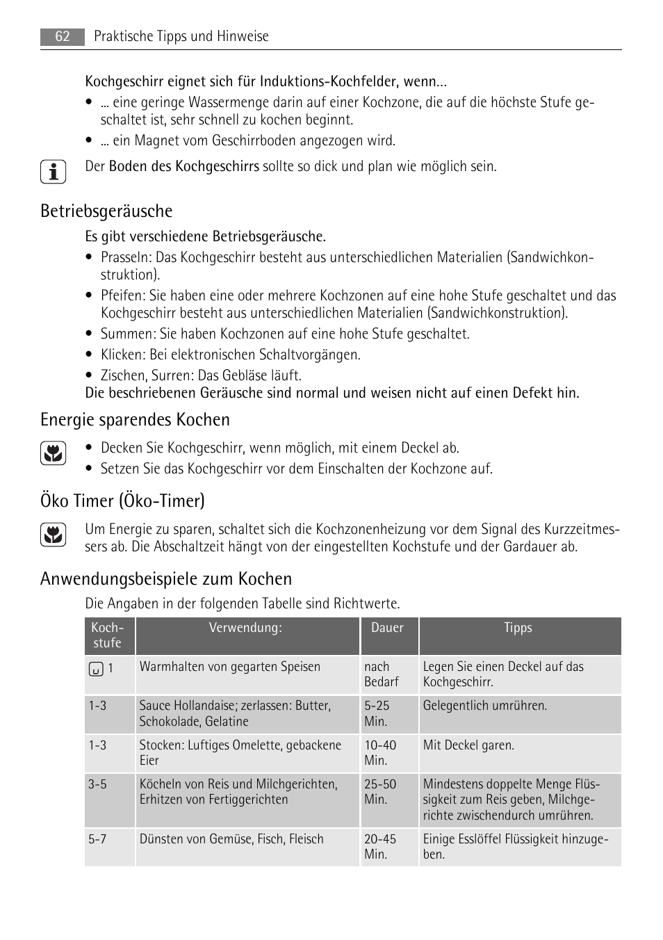 Betriebsgeräusche, Energie sparendes kochen, Öko timer (öko-timer) | Anwendungsbeispiele zum kochen | AEG HK854400XB User Manual | Page 62 / 84