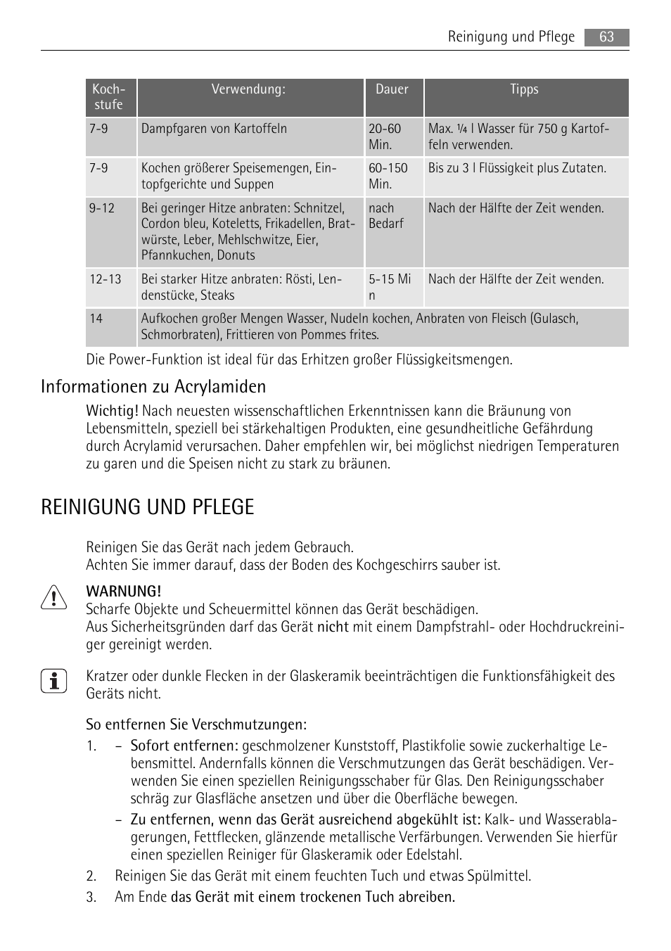 Reinigung und pflege, Informationen zu acrylamiden | AEG HK854400XB User Manual | Page 63 / 84