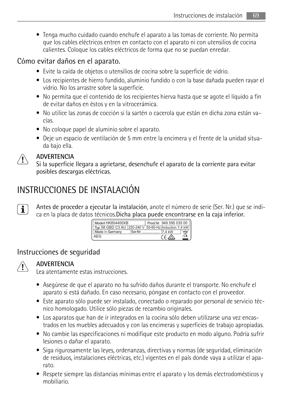 Instrucciones de instalación, Cómo evitar daños en el aparato, Instrucciones de seguridad | AEG HK854400XB User Manual | Page 69 / 84