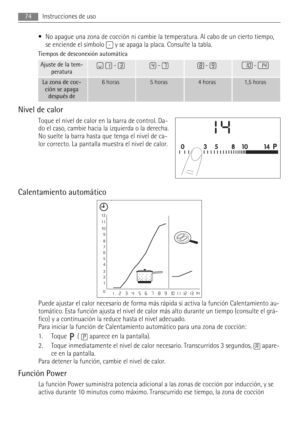 Nivel de calor, Calentamiento automático, Función power | AEG HK854400XB User Manual | Page 74 / 84