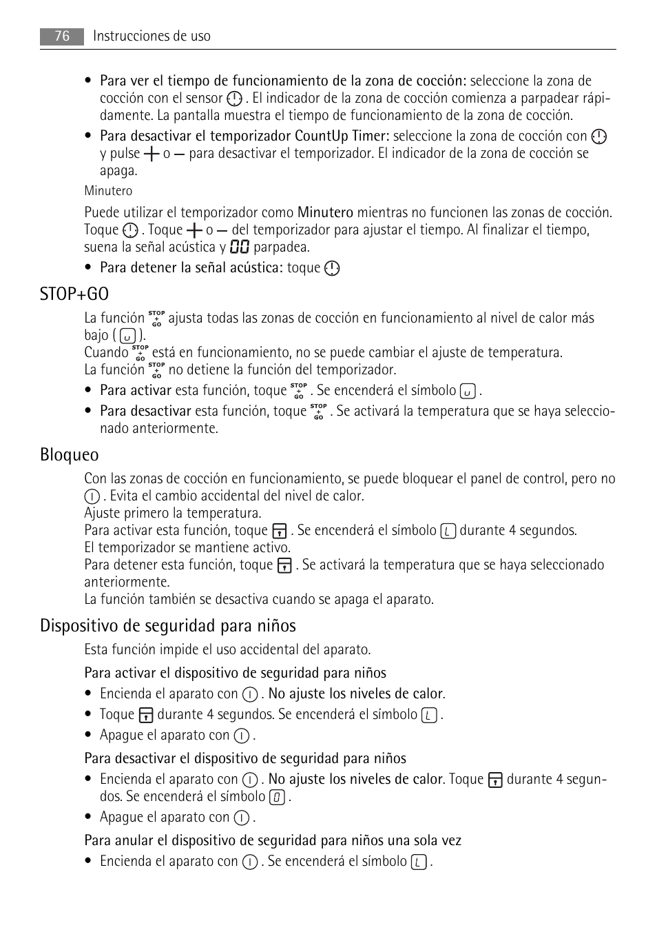 Stop+go, Bloqueo, Dispositivo de seguridad para niños | AEG HK854400XB User Manual | Page 76 / 84