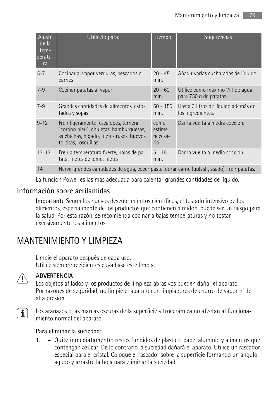 Mantenimiento y limpieza, Información sobre acrilamidas | AEG HK854400XB User Manual | Page 79 / 84