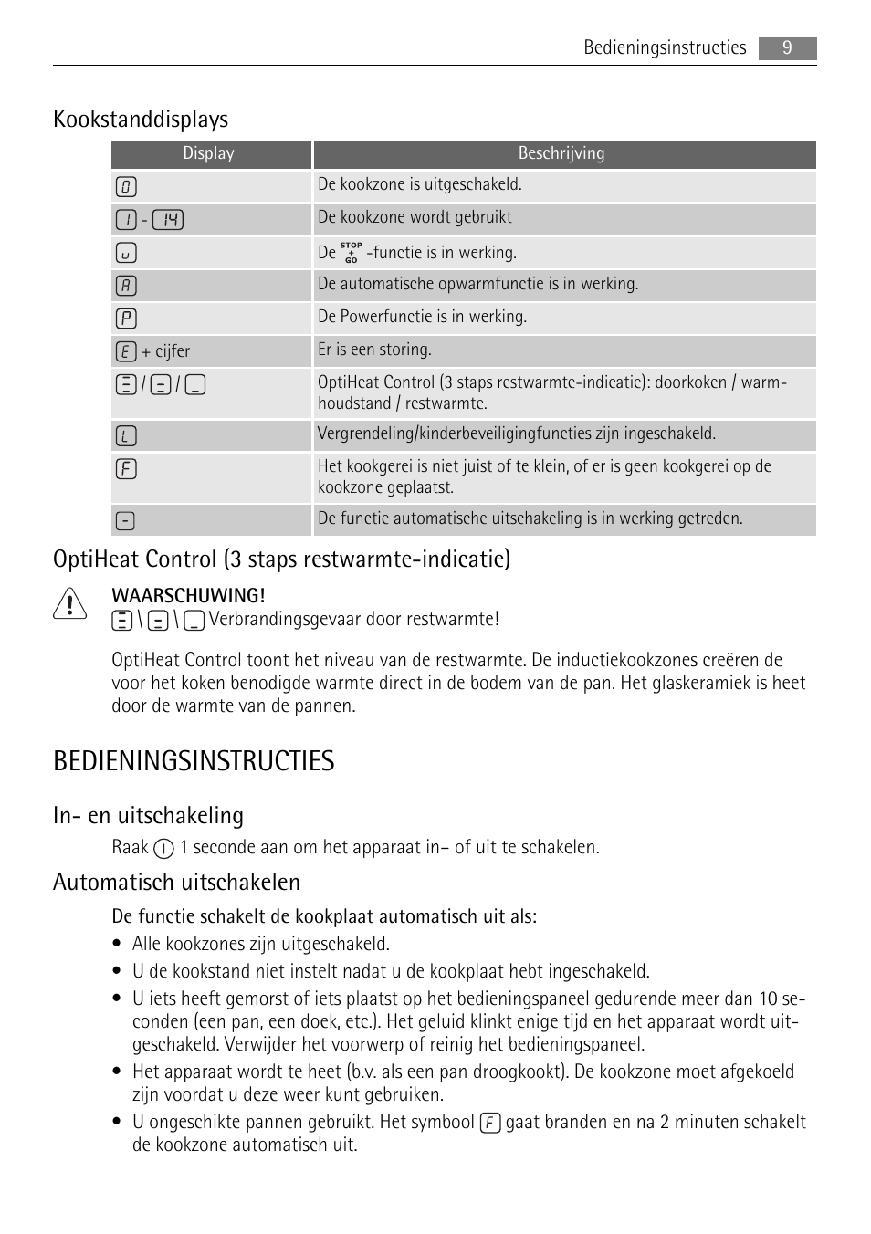 Bedieningsinstructies, Kookstanddisplays, Optiheat control (3 staps restwarmte-indicatie) | In- en uitschakeling, Automatisch uitschakelen | AEG HK854400XB User Manual | Page 9 / 84