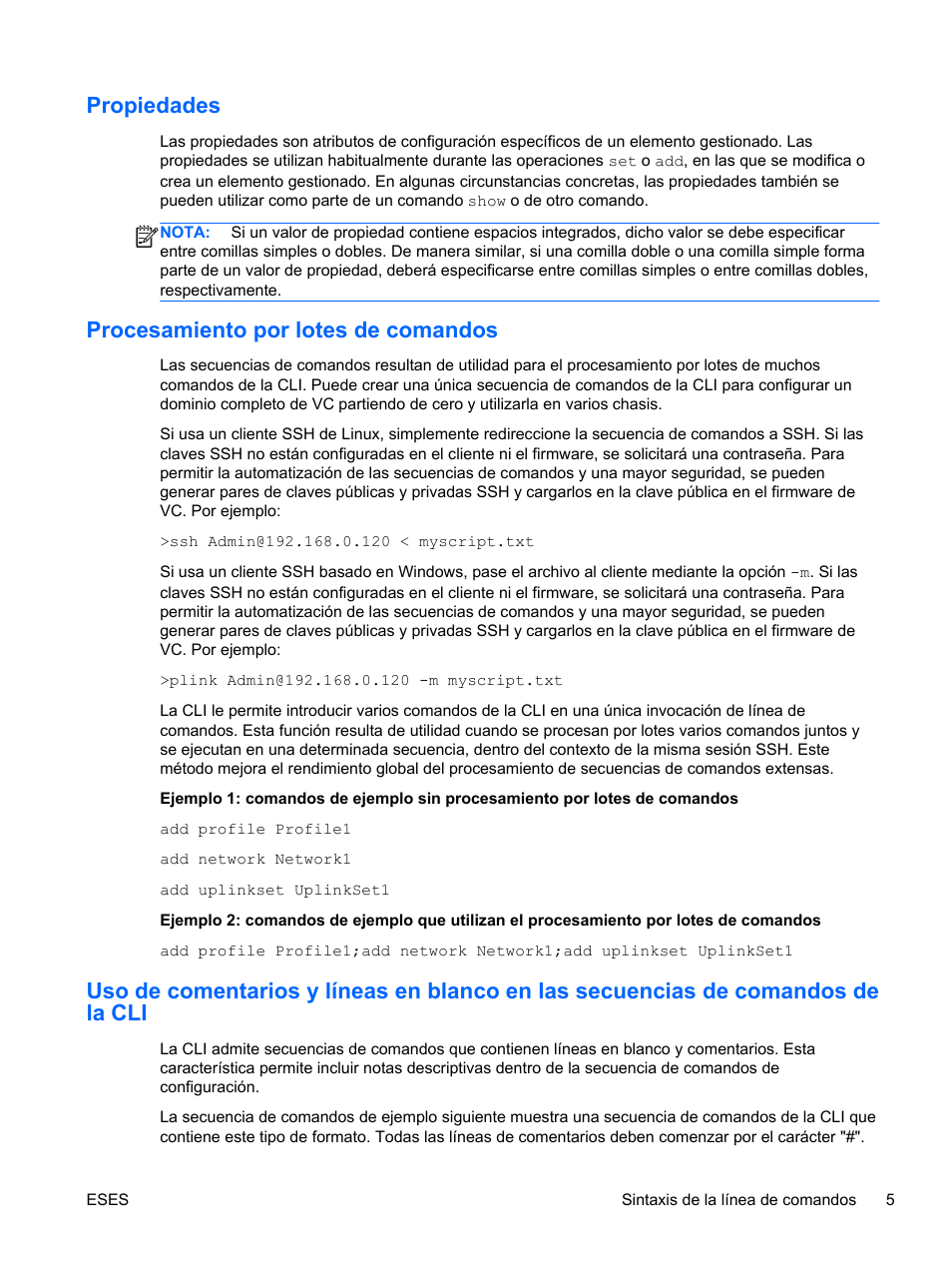 Propiedades, Procesamiento por lotes de comandos | HP Módulo Fibre Channel de conexión virtual de 8 GB 20 puertos HP para BladeSystem clase C User Manual | Page 12 / 222