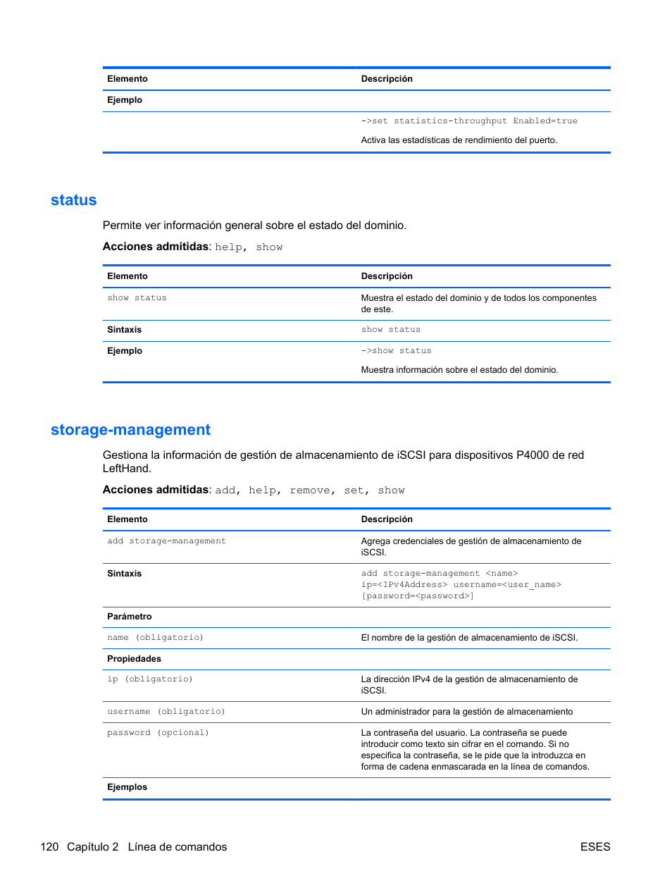 Status, Storage-management, Status storage-management | HP Módulo Fibre Channel de conexión virtual de 8 GB 20 puertos HP para BladeSystem clase C User Manual | Page 127 / 222
