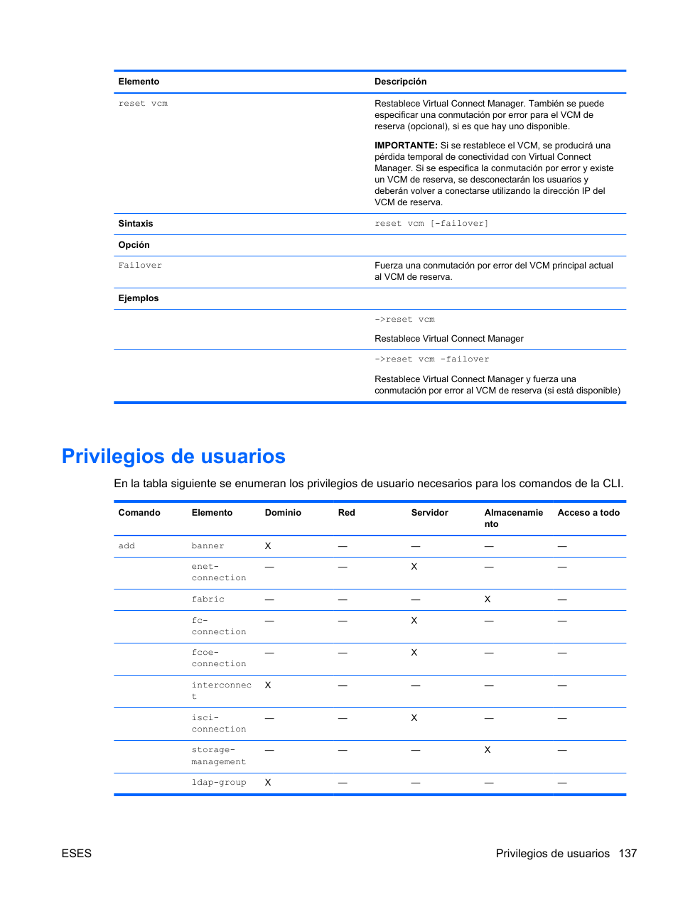 Privilegios de usuarios, Eses privilegios de usuarios 137 | HP Módulo Fibre Channel de conexión virtual de 8 GB 20 puertos HP para BladeSystem clase C User Manual | Page 144 / 222