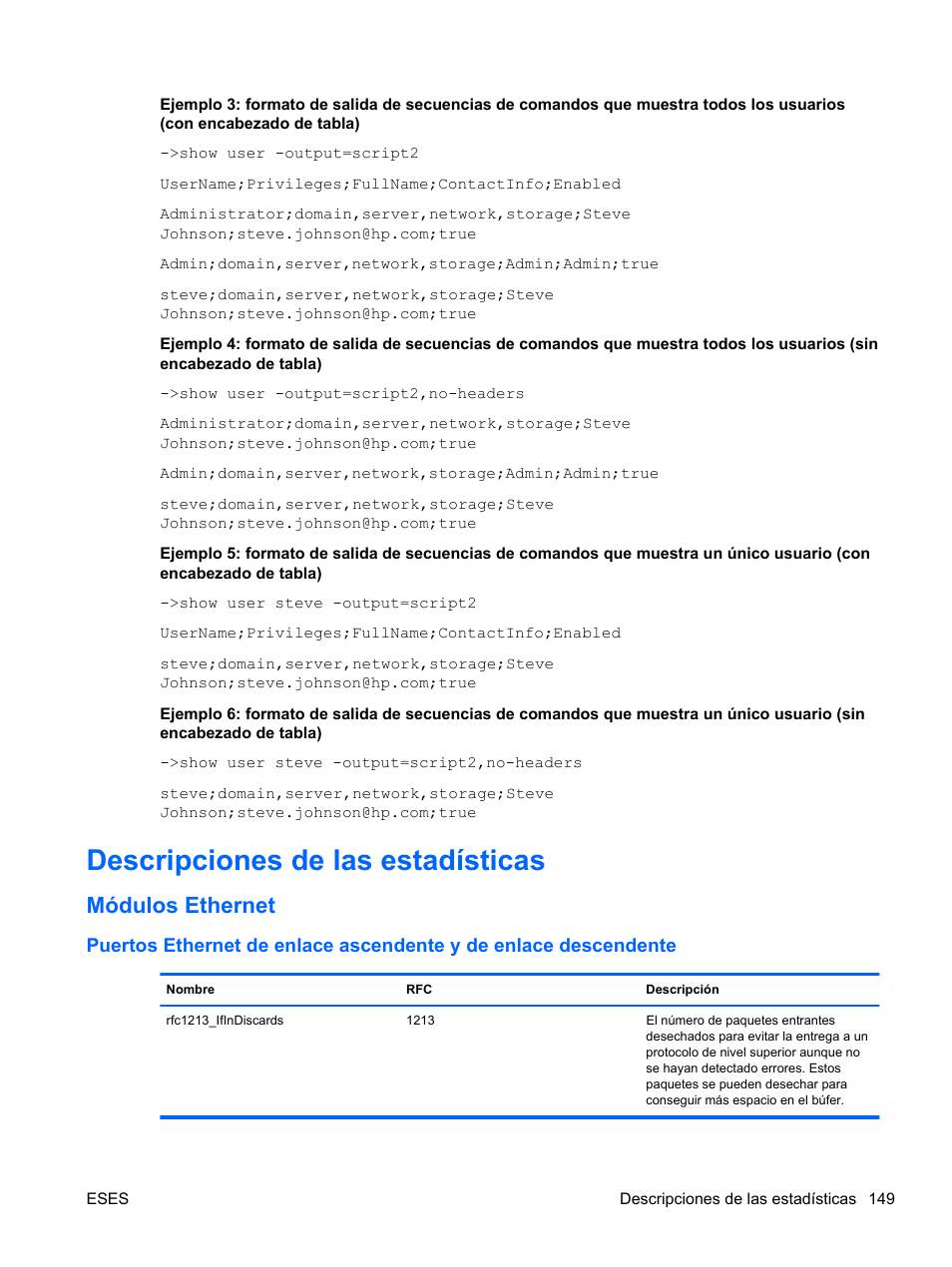 Descripciones de las estadísticas, Módulos ethernet | HP Módulo Fibre Channel de conexión virtual de 8 GB 20 puertos HP para BladeSystem clase C User Manual | Page 156 / 222