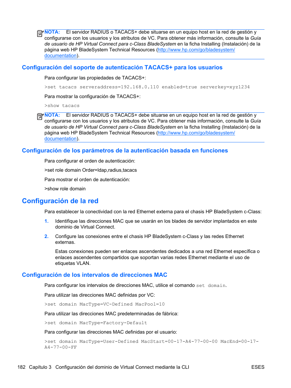 Configuración de la red, Configuración de los intervalos de direcciones mac, Tacacs | Configuración de los parámetros de la | HP Módulo Fibre Channel de conexión virtual de 8 GB 20 puertos HP para BladeSystem clase C User Manual | Page 188 / 222