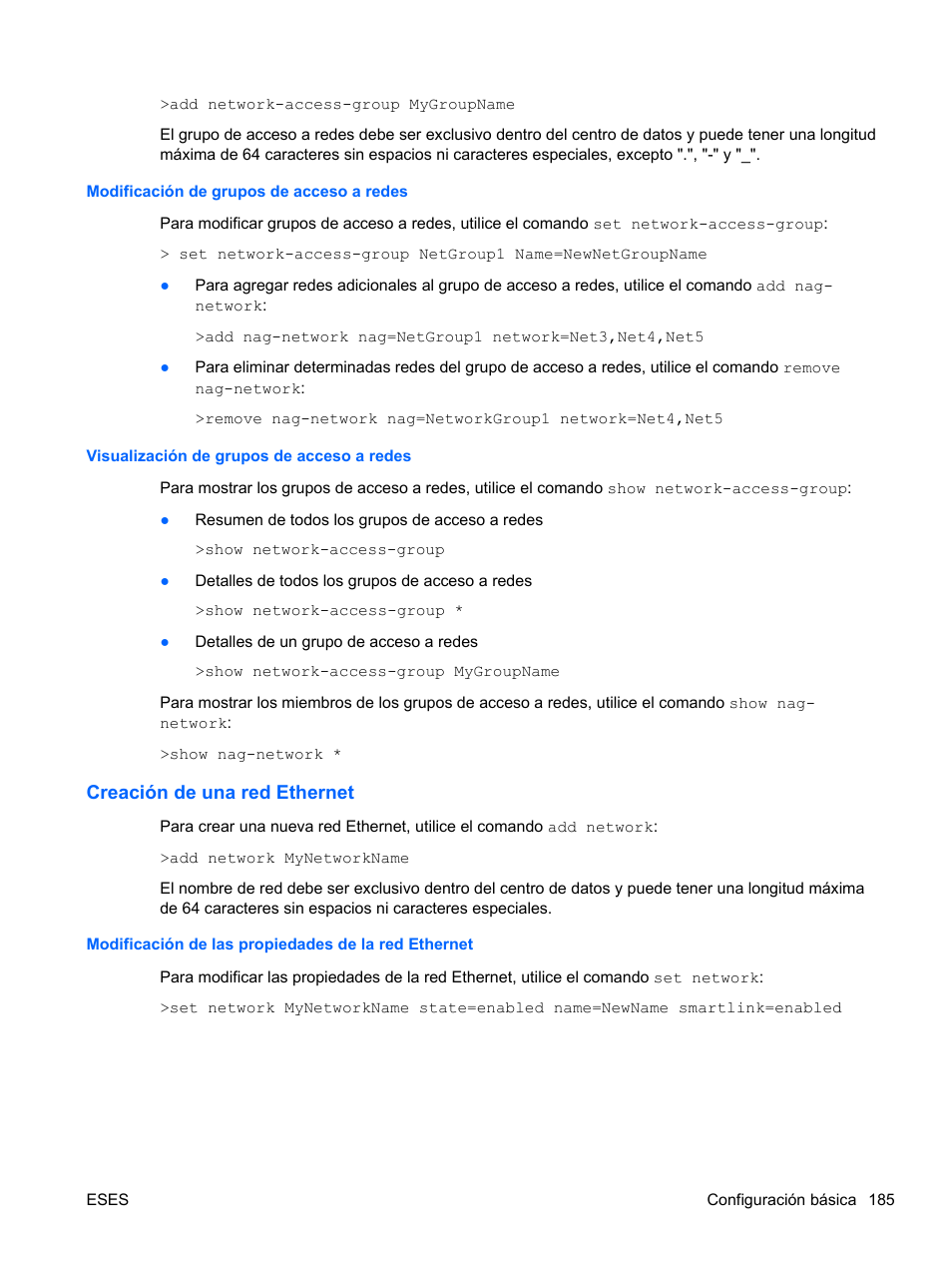 Modificación de grupos de acceso a redes, Visualización de grupos de acceso a redes, Creación de una red ethernet | Modificación de las propiedades de la red ethernet | HP Módulo Fibre Channel de conexión virtual de 8 GB 20 puertos HP para BladeSystem clase C User Manual | Page 191 / 222