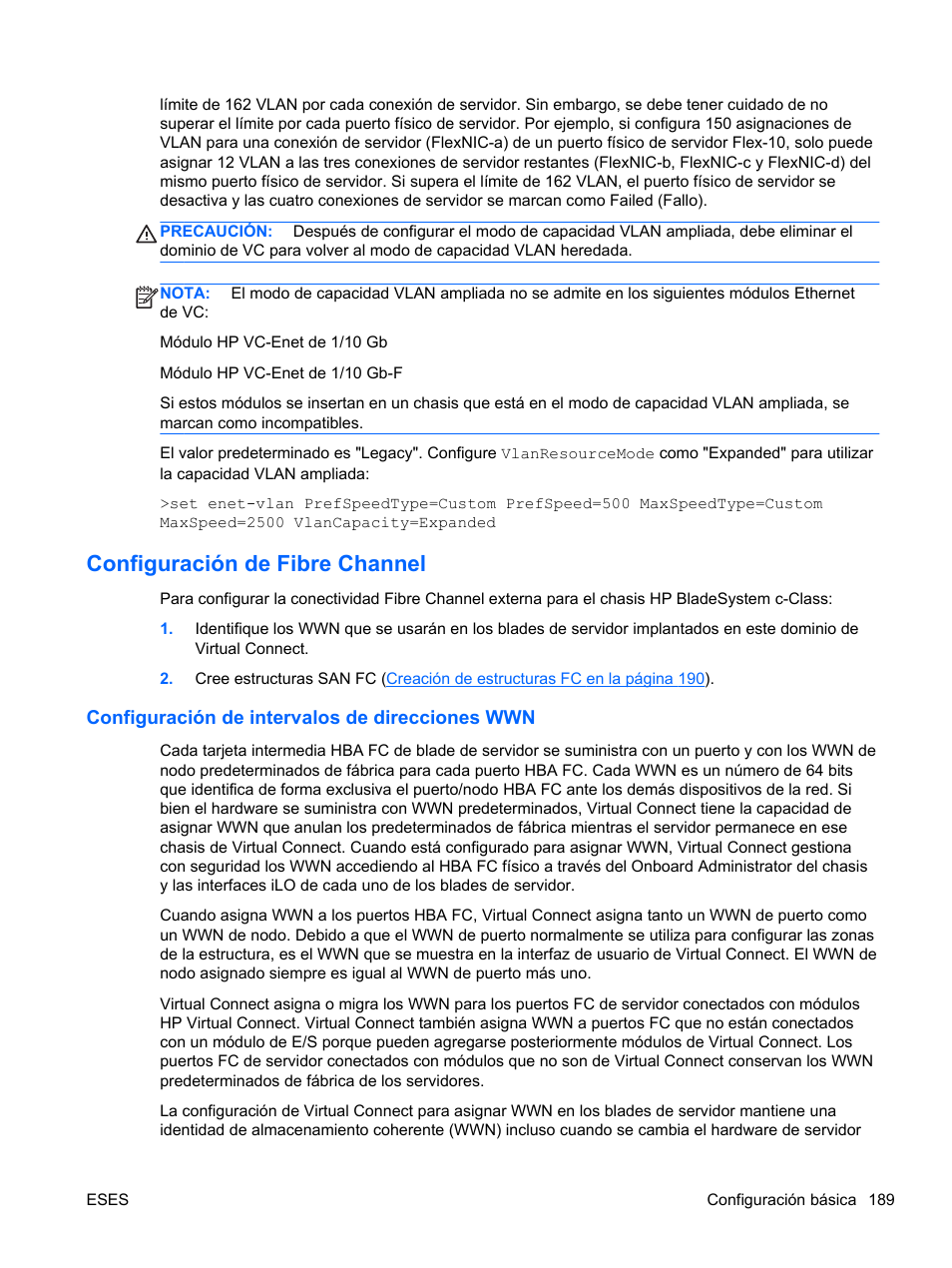 Configuración de fibre channel, Configuración de intervalos de direcciones wwn | HP Módulo Fibre Channel de conexión virtual de 8 GB 20 puertos HP para BladeSystem clase C User Manual | Page 195 / 222