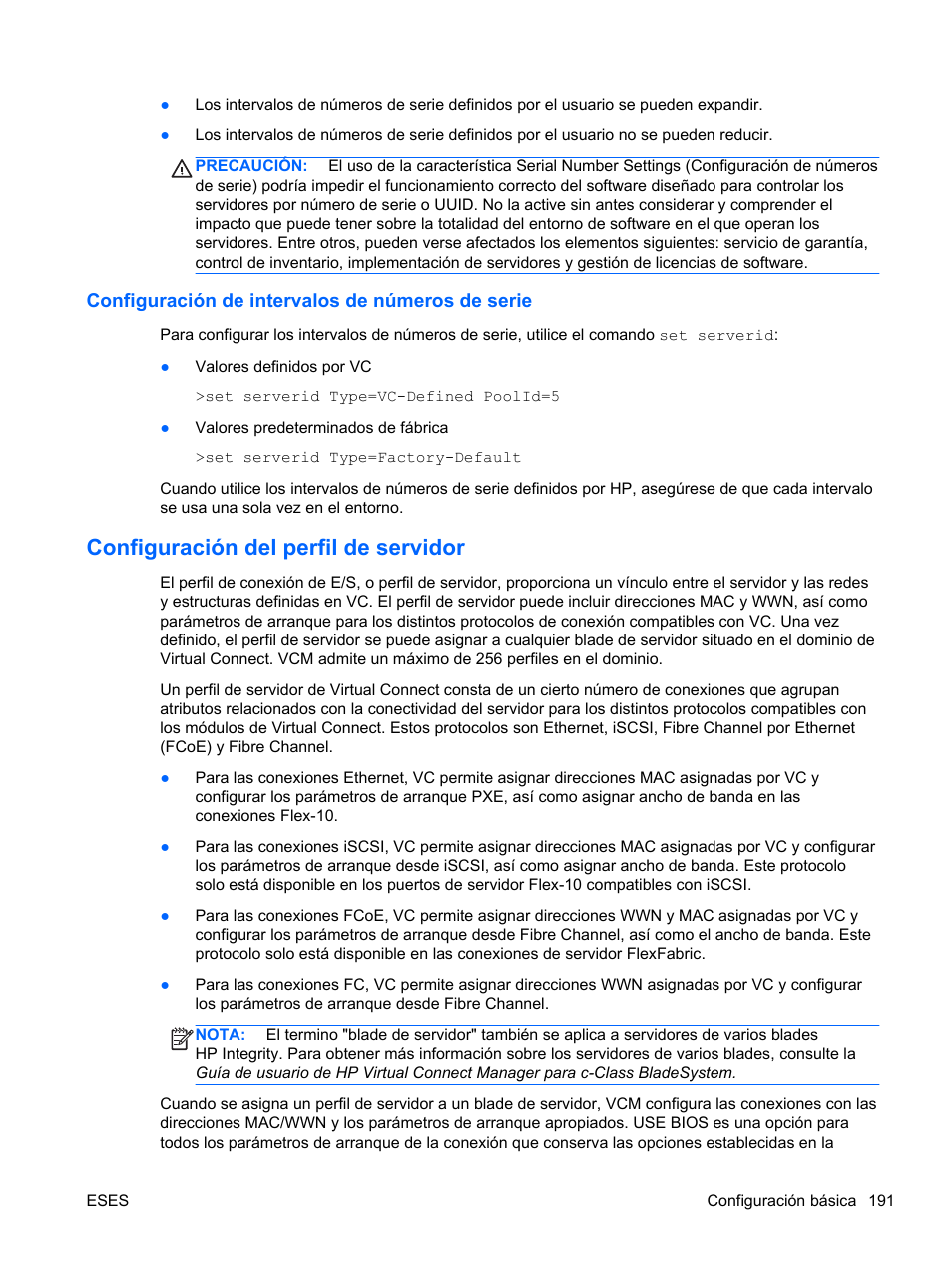 Configuración de intervalos de números de serie, Configuración del perfil de servidor | HP Módulo Fibre Channel de conexión virtual de 8 GB 20 puertos HP para BladeSystem clase C User Manual | Page 197 / 222