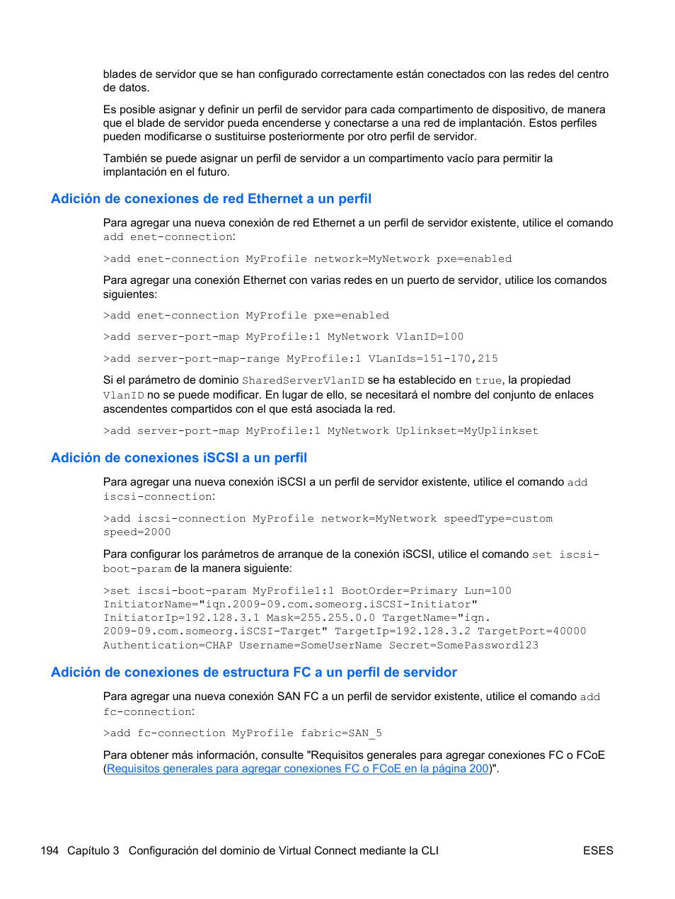 Adición de conexiones de red ethernet a un perfil, Adición de conexiones iscsi a un perfil | HP Módulo Fibre Channel de conexión virtual de 8 GB 20 puertos HP para BladeSystem clase C User Manual | Page 200 / 222