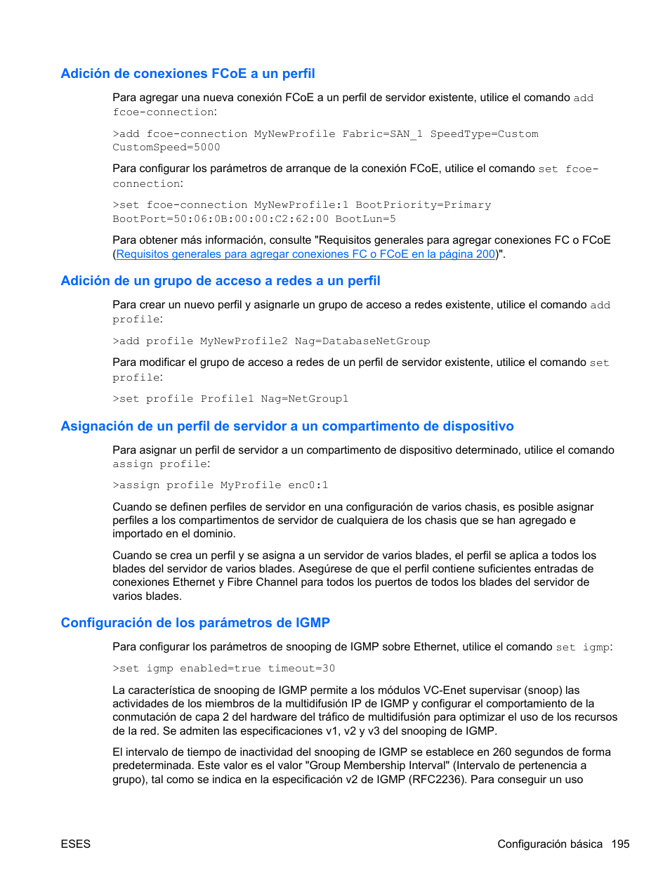 Adición de conexiones fcoe a un perfil, Adición de un grupo de acceso a redes a un perfil, Configuración de los parámetros de igmp | HP Módulo Fibre Channel de conexión virtual de 8 GB 20 puertos HP para BladeSystem clase C User Manual | Page 201 / 222
