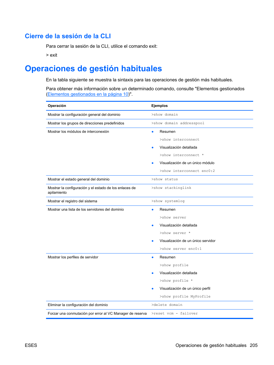 Cierre de la sesión de la cli, Operaciones de gestión habituales | HP Módulo Fibre Channel de conexión virtual de 8 GB 20 puertos HP para BladeSystem clase C User Manual | Page 211 / 222