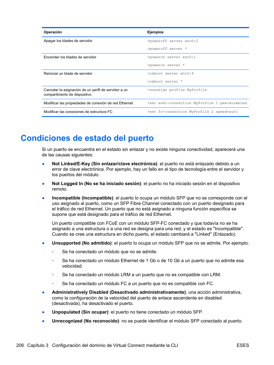Condiciones de estado del puerto | HP Módulo Fibre Channel de conexión virtual de 8 GB 20 puertos HP para BladeSystem clase C User Manual | Page 212 / 222