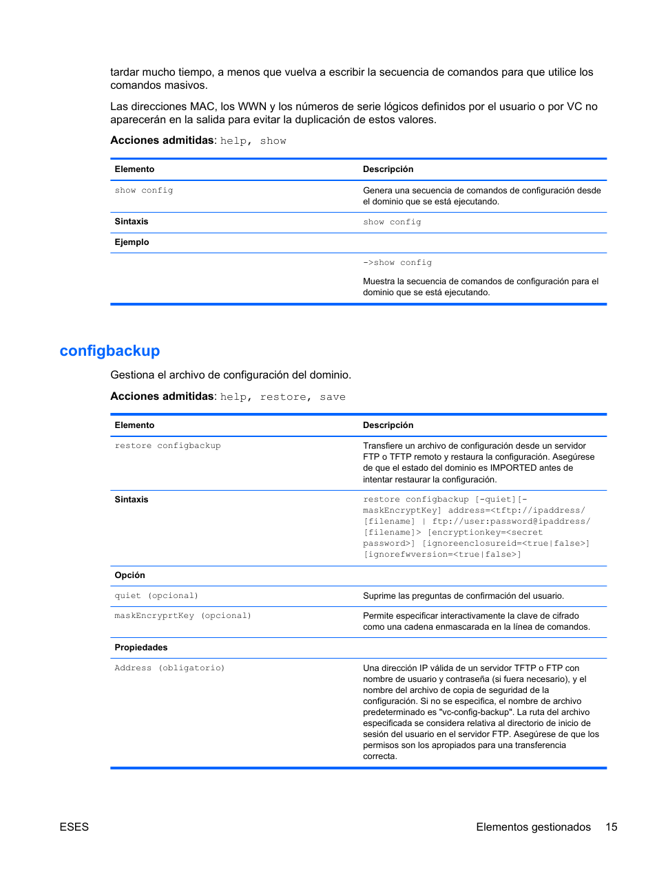 Configbackup | HP Módulo Fibre Channel de conexión virtual de 8 GB 20 puertos HP para BladeSystem clase C User Manual | Page 22 / 222