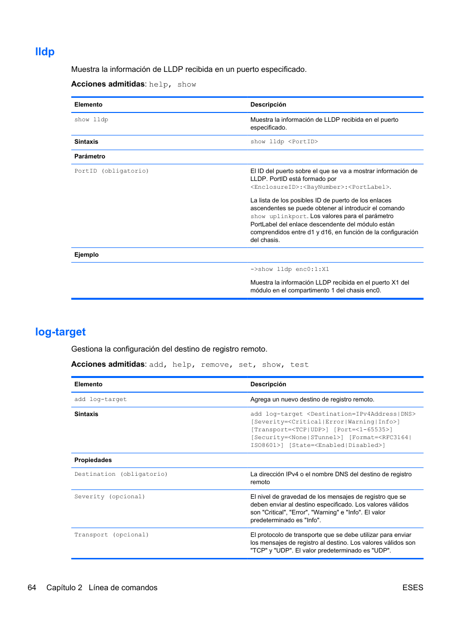 Lldp, Log-target, Lldp log-target | HP Módulo Fibre Channel de conexión virtual de 8 GB 20 puertos HP para BladeSystem clase C User Manual | Page 71 / 222