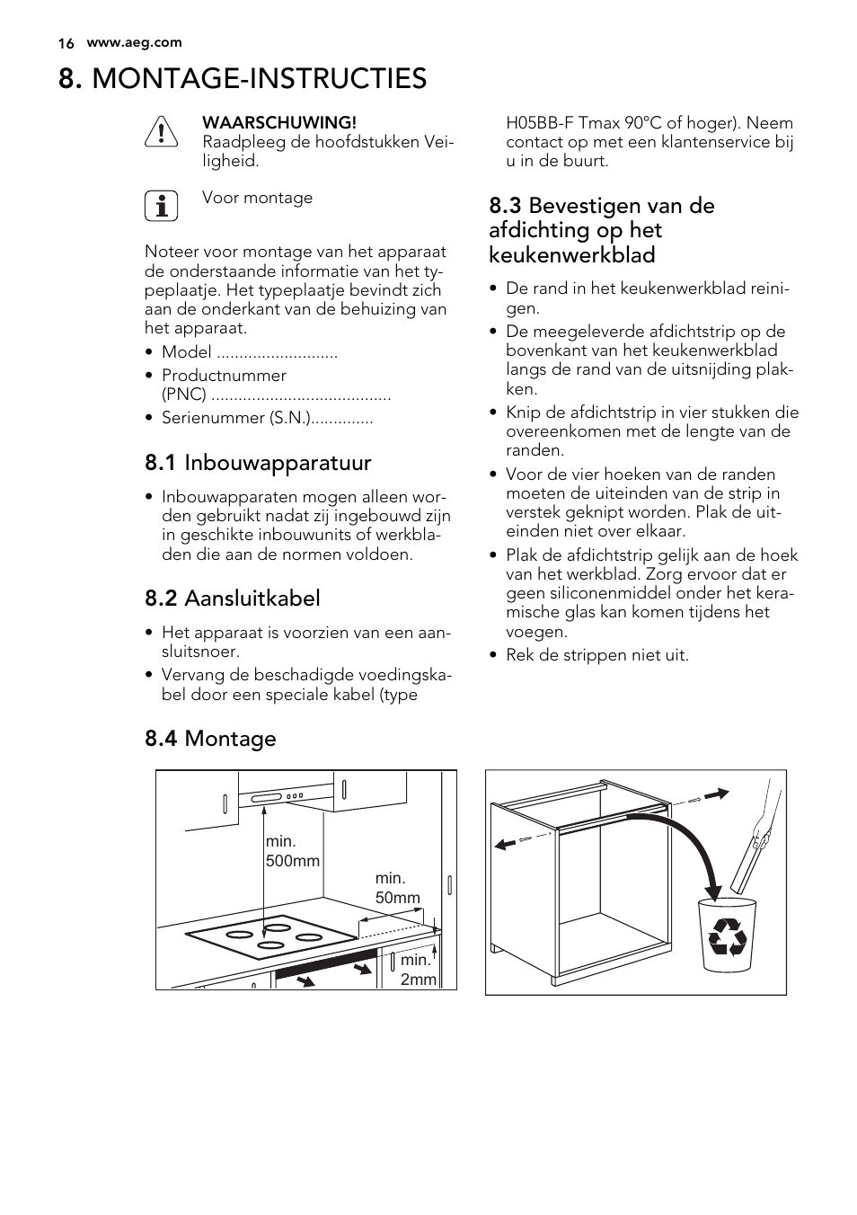 Montage-instructies, 1 inbouwapparatuur, 2 aansluitkabel | 4 montage | AEG HK854400IB User Manual | Page 16 / 72