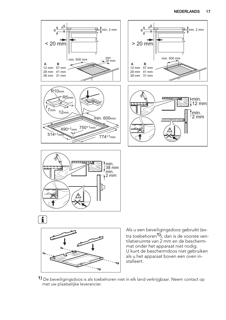 20 mm, Min. 12 mm min. 2 mm | AEG HK854400IB User Manual | Page 17 / 72