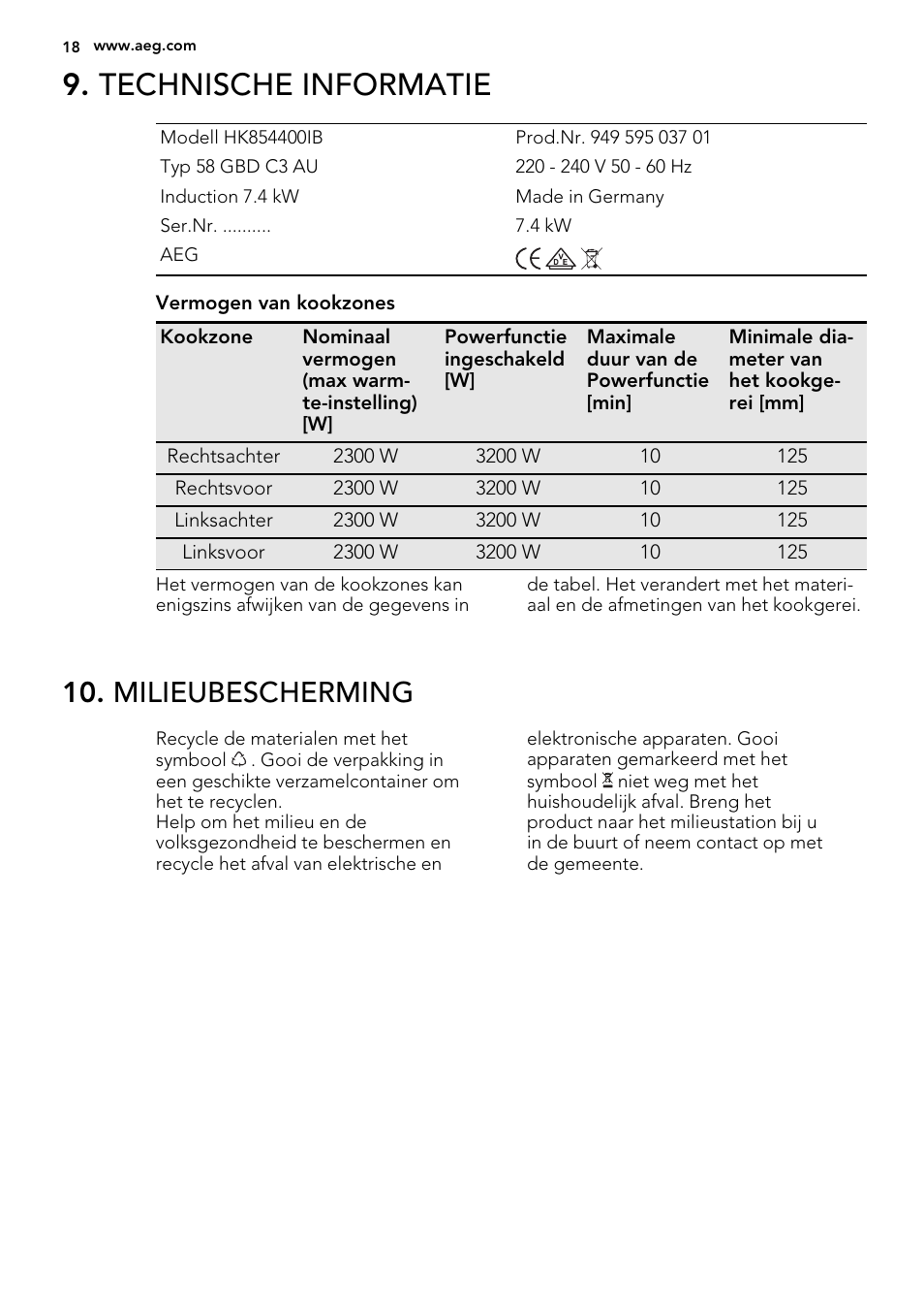 Technische informatie, Milieubescherming | AEG HK854400IB User Manual | Page 18 / 72