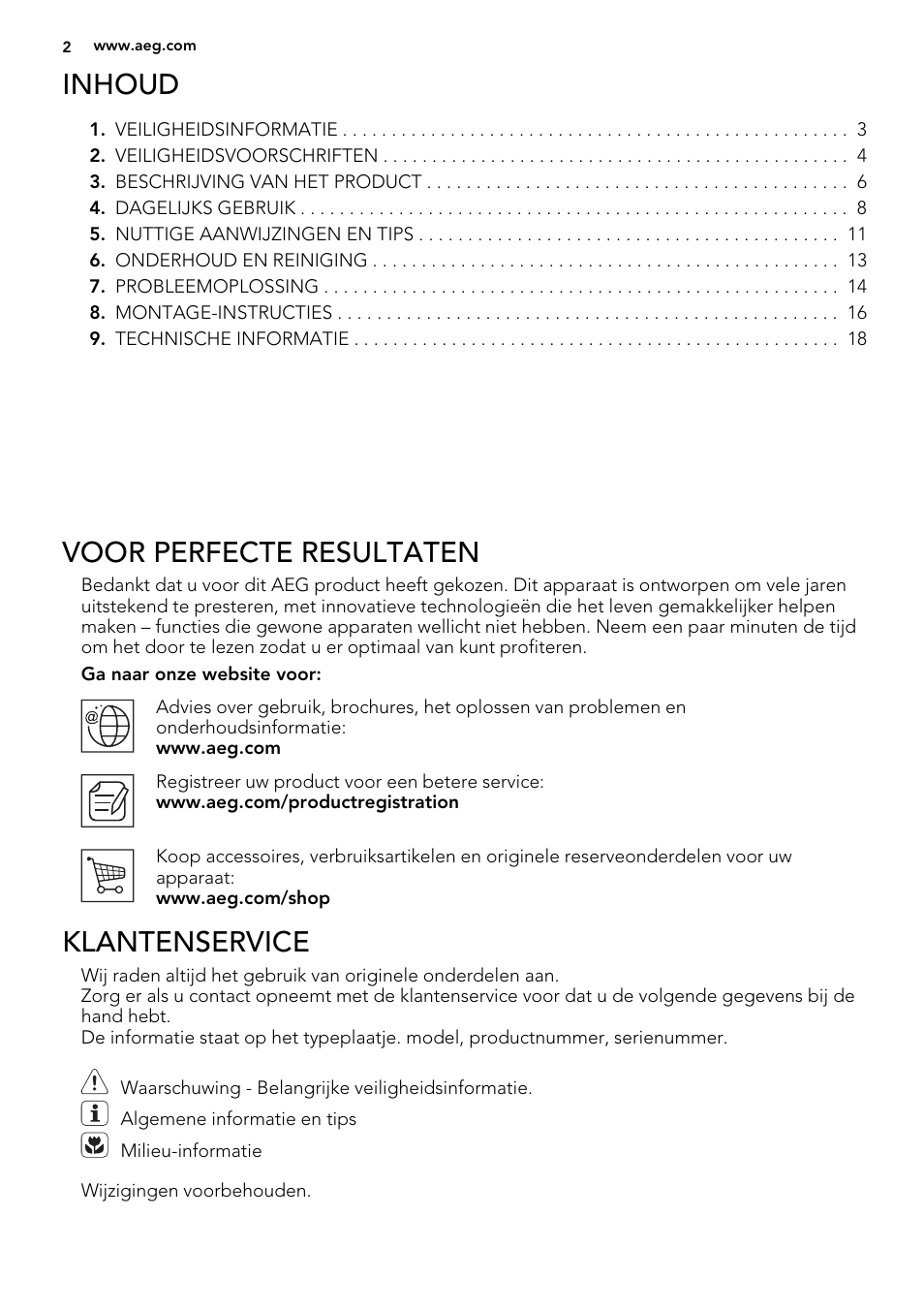 Inhoud, Voor perfecte resultaten, Klantenservice | AEG HK854400IB User Manual | Page 2 / 72