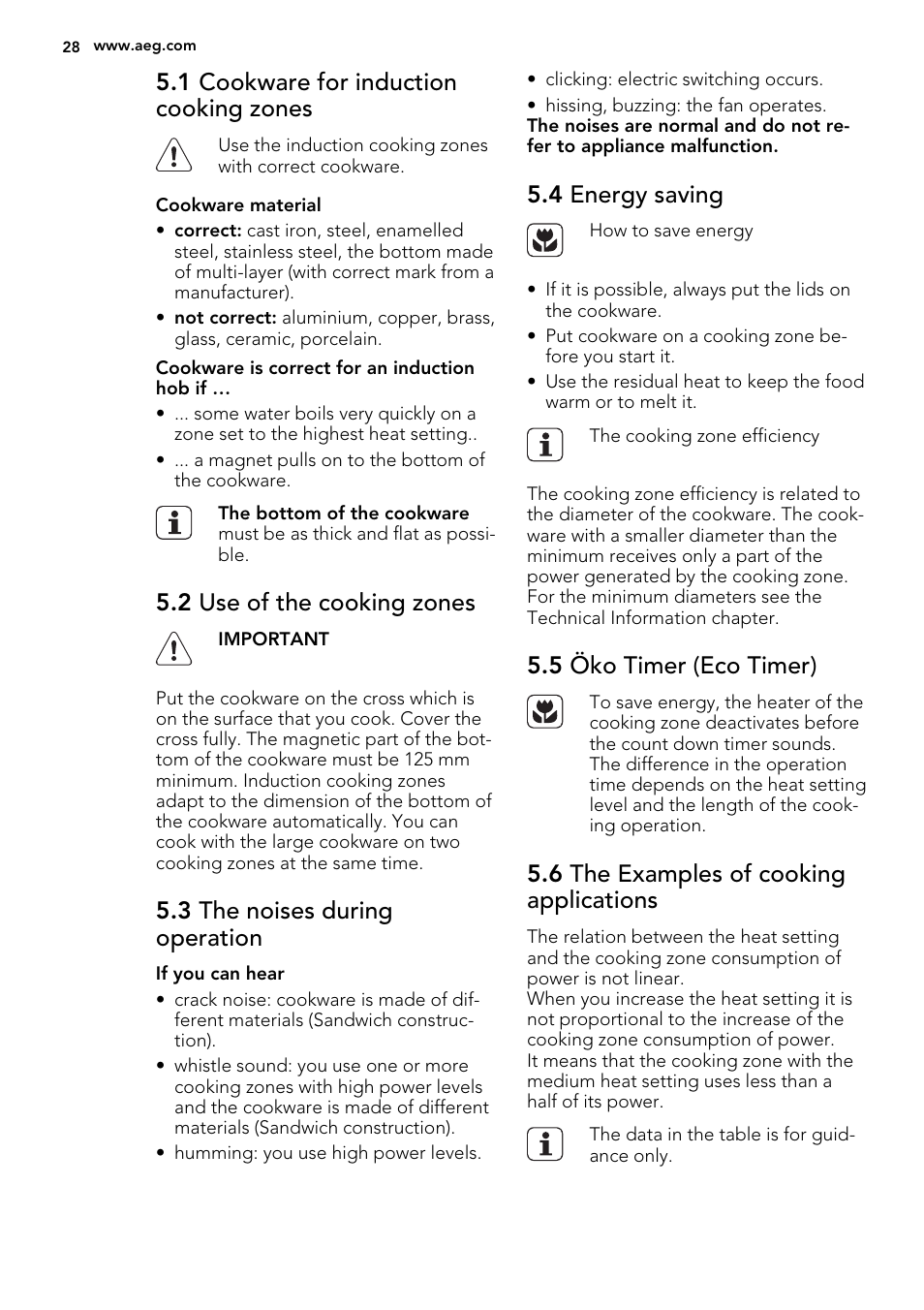 1 cookware for induction cooking zones, 2 use of the cooking zones, 3 the noises during operation | 4 energy saving, 5 öko timer (eco timer), 6 the examples of cooking applications | AEG HK854400IB User Manual | Page 28 / 72