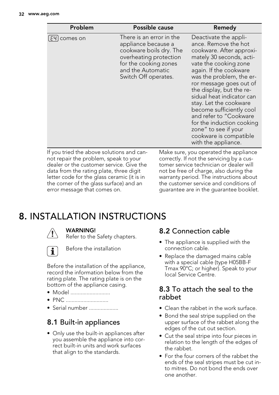 Installation instructions, 1 built-in appliances, 2 connection cable | 3 to attach the seal to the rabbet | AEG HK854400IB User Manual | Page 32 / 72