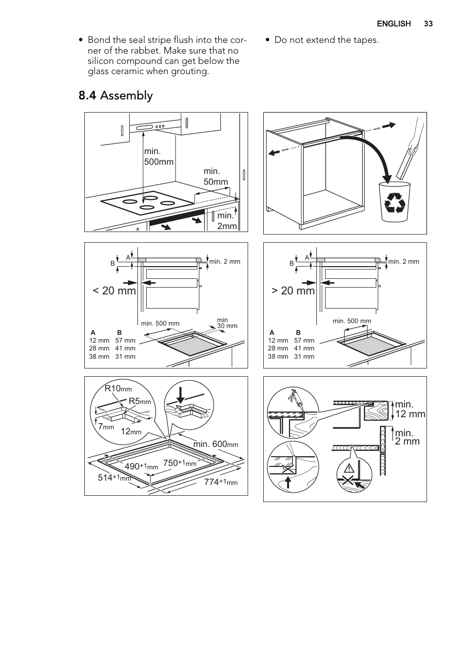 4 assembly, 20 mm, Min. 12 mm min. 2 mm | AEG HK854400IB User Manual | Page 33 / 72