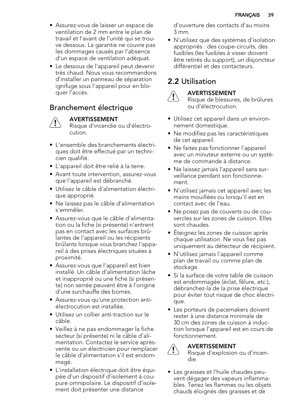 Branchement électrique, 2 utilisation | AEG HK854400IB User Manual | Page 39 / 72