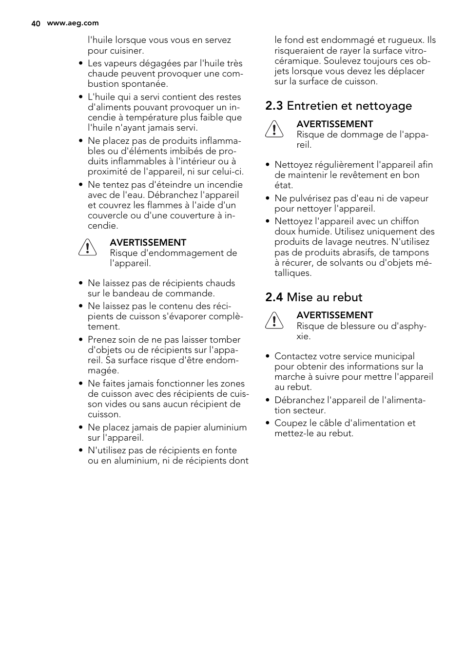 3 entretien et nettoyage, 4 mise au rebut | AEG HK854400IB User Manual | Page 40 / 72