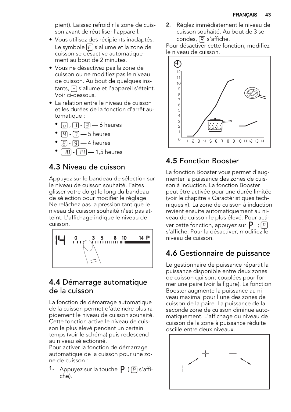 3 niveau de cuisson, 4 démarrage automatique de la cuisson, 5 fonction booster | 6 gestionnaire de puissance | AEG HK854400IB User Manual | Page 43 / 72