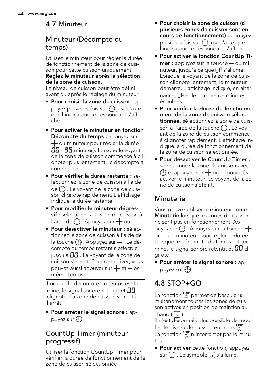 7 minuteur minuteur (décompte du temps), Countup timer (minuteur progressif), Minuterie | 8 stop+go | AEG HK854400IB User Manual | Page 44 / 72