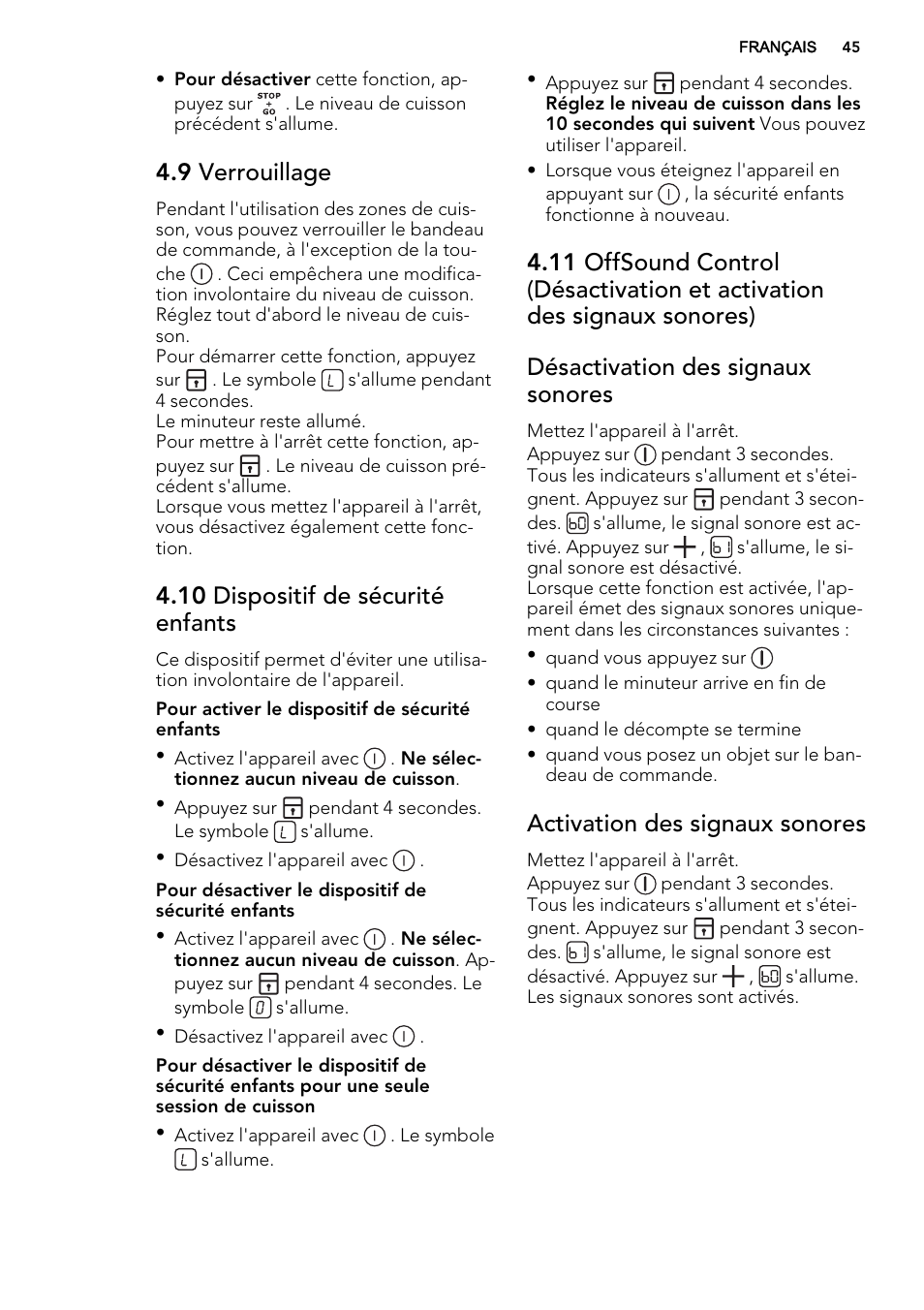 9 verrouillage, 10 dispositif de sécurité enfants, Activation des signaux sonores | AEG HK854400IB User Manual | Page 45 / 72