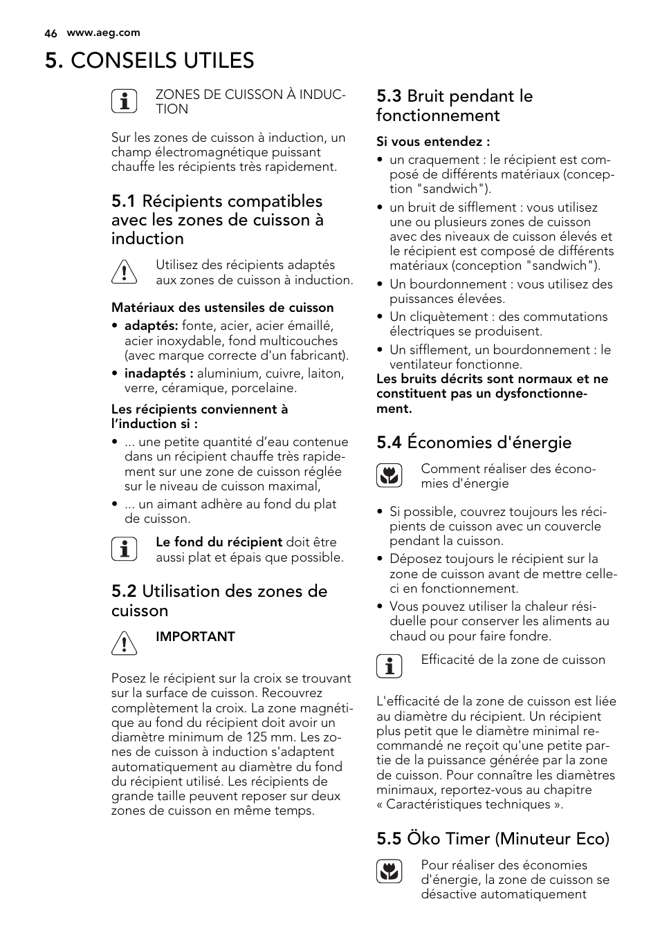 Conseils utiles, 2 utilisation des zones de cuisson, 3 bruit pendant le fonctionnement | 4 économies d'énergie, 5 öko timer (minuteur eco) | AEG HK854400IB User Manual | Page 46 / 72