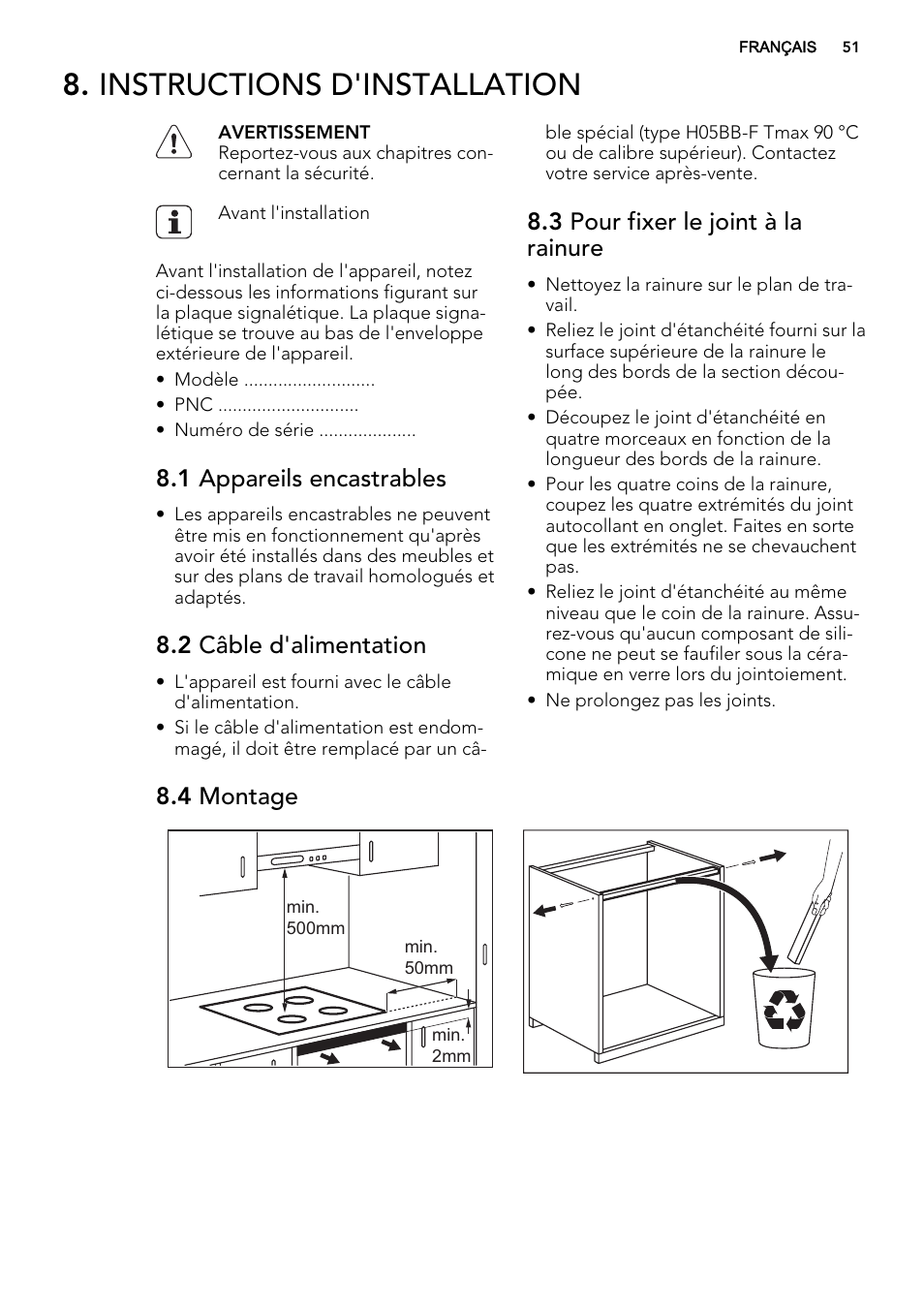 Instructions d'installation, 1 appareils encastrables, 2 câble d'alimentation | 3 pour fixer le joint à la rainure, 4 montage | AEG HK854400IB User Manual | Page 51 / 72