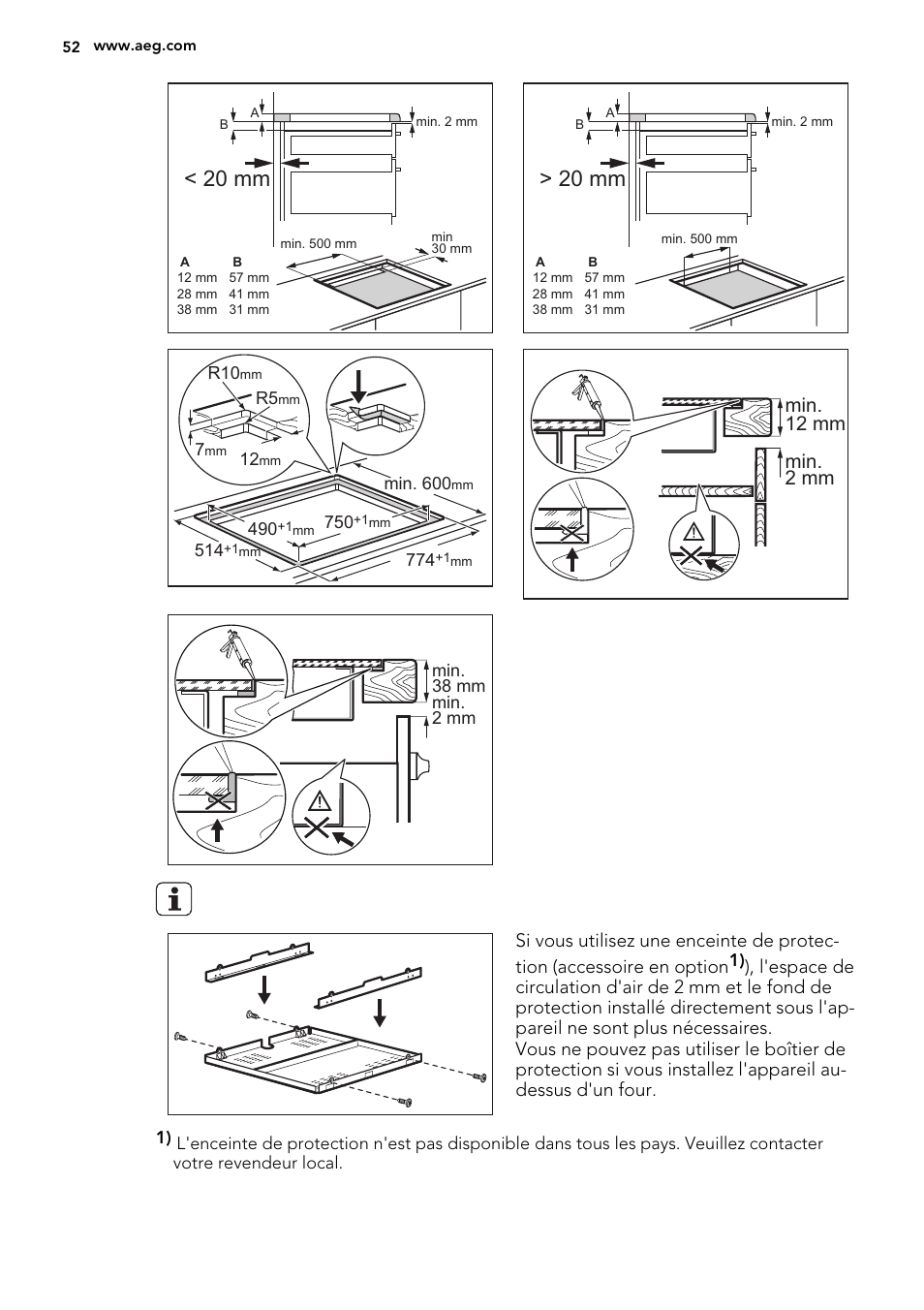 20 mm, Min. 12 mm min. 2 mm | AEG HK854400IB User Manual | Page 52 / 72