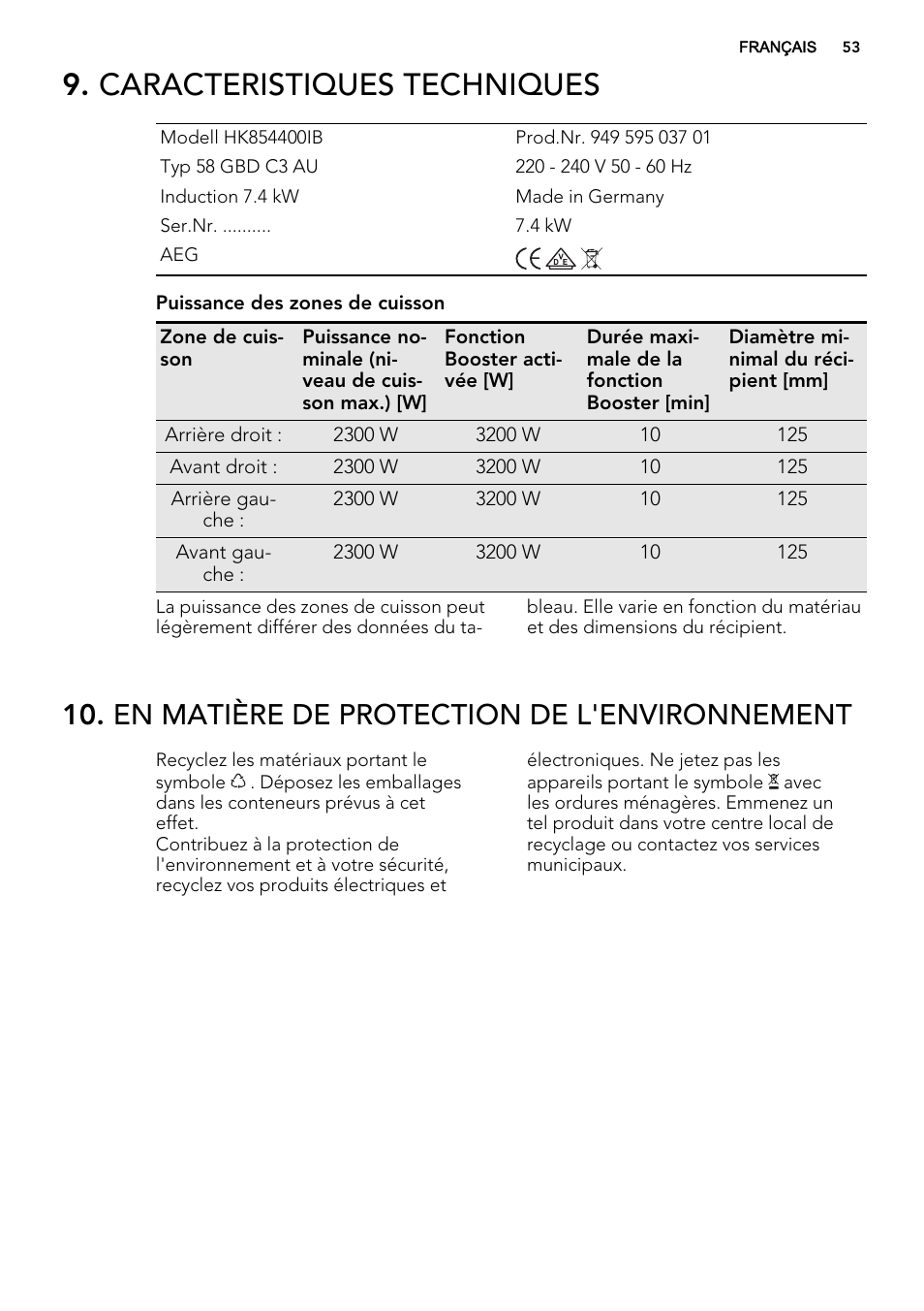 Caracteristiques techniques, En matière de protection de l'environnement | AEG HK854400IB User Manual | Page 53 / 72