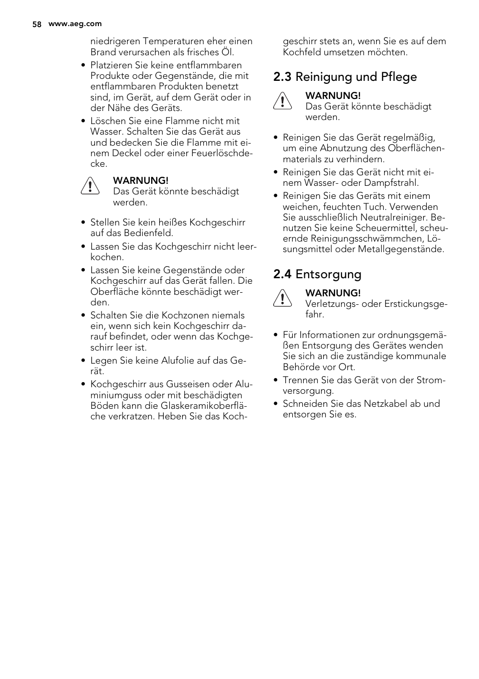 3 reinigung und pflege, 4 entsorgung | AEG HK854400IB User Manual | Page 58 / 72