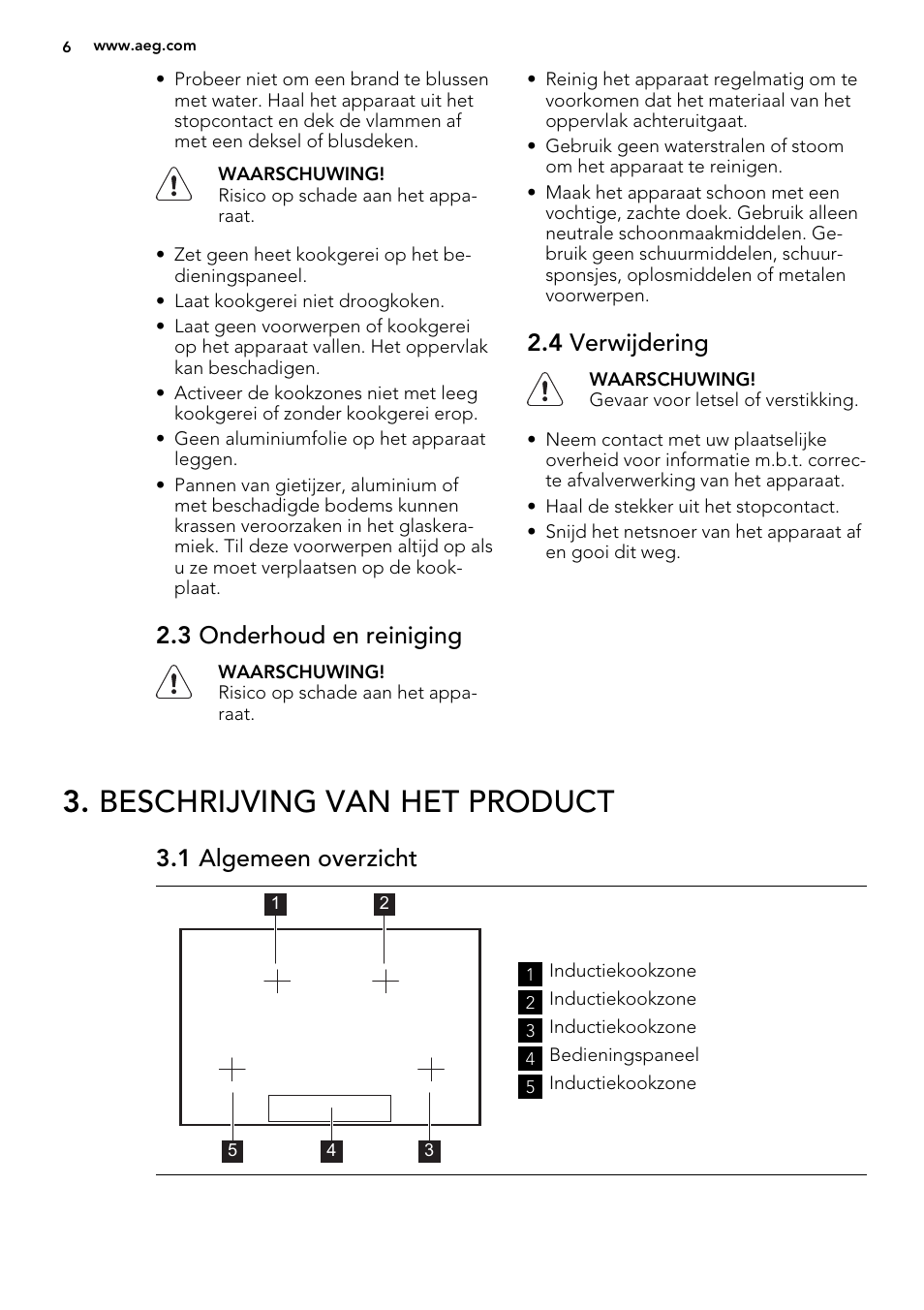 Beschrijving van het product, 3 onderhoud en reiniging, 4 verwijdering | 1 algemeen overzicht | AEG HK854400IB User Manual | Page 6 / 72