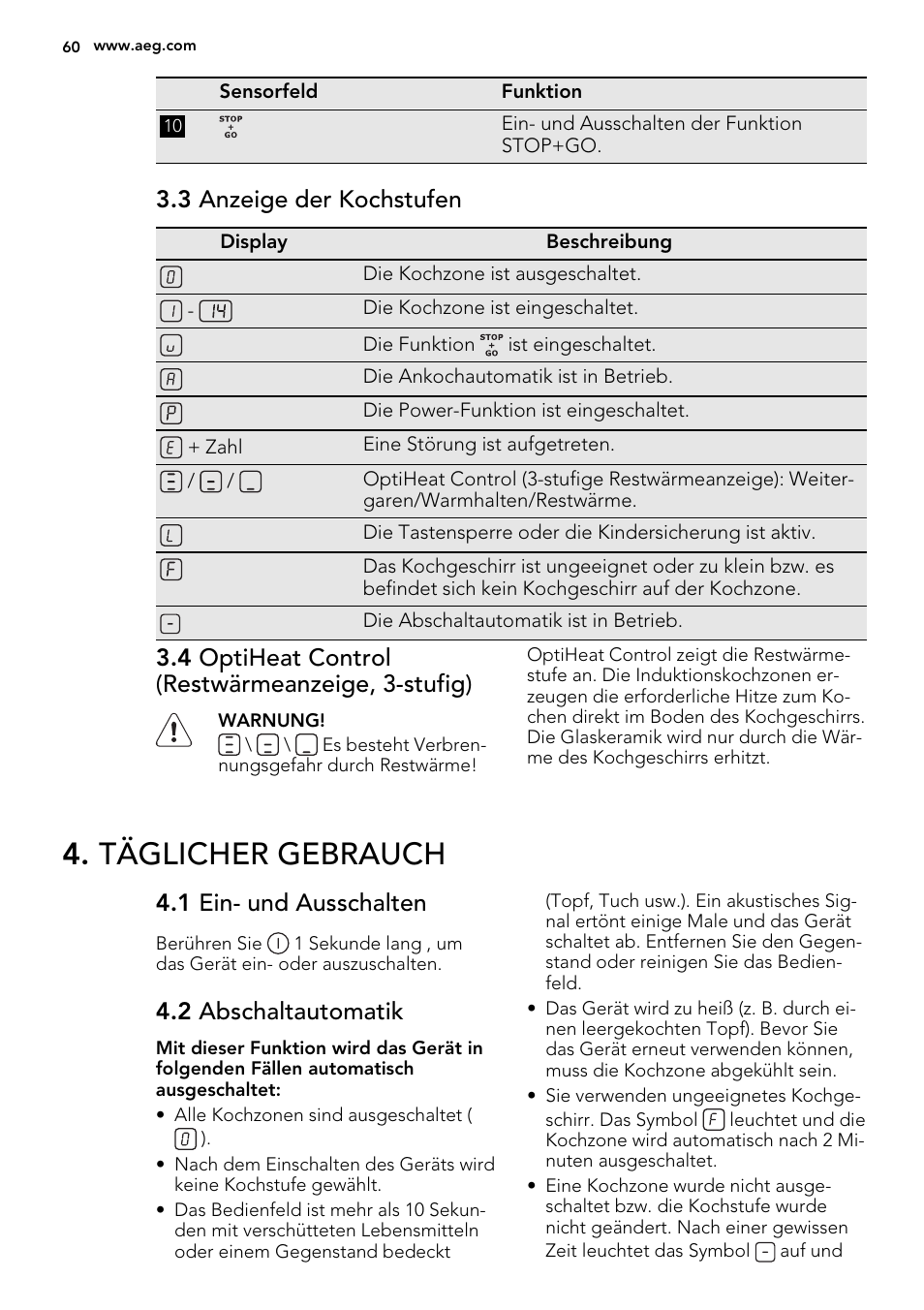 Täglicher gebrauch, 3 anzeige der kochstufen, 4 optiheat control (restwärmeanzeige, 3-stufig) | 1 ein- und ausschalten, 2 abschaltautomatik | AEG HK854400IB User Manual | Page 60 / 72