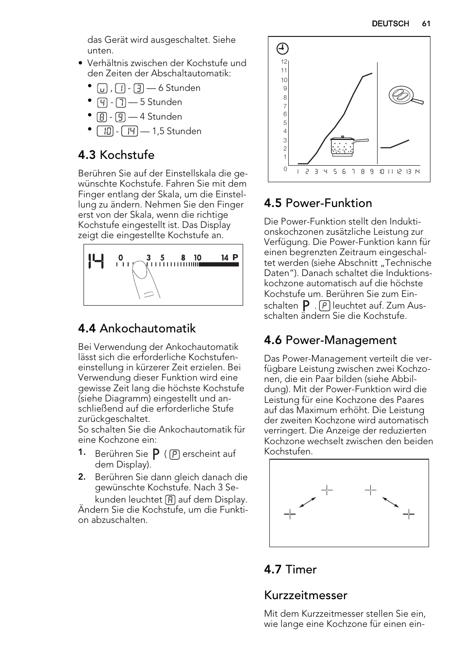 3 kochstufe, 4 ankochautomatik, 5 power-funktion | 6 power-management, 7 timer kurzzeitmesser | AEG HK854400IB User Manual | Page 61 / 72