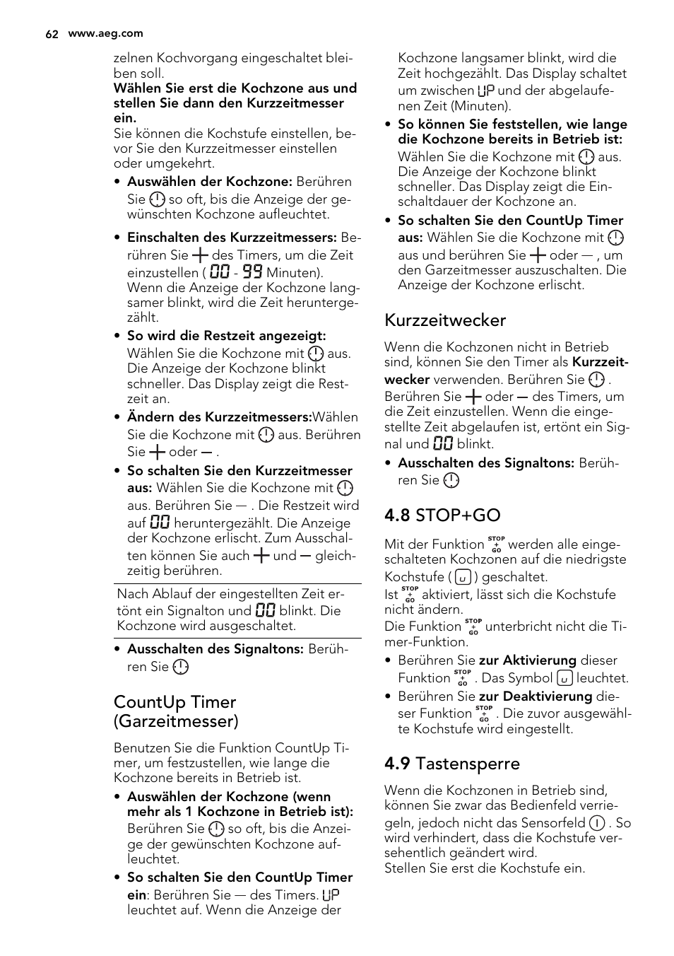 Countup timer (garzeitmesser), Kurzzeitwecker, 8 stop+go | 9 tastensperre | AEG HK854400IB User Manual | Page 62 / 72