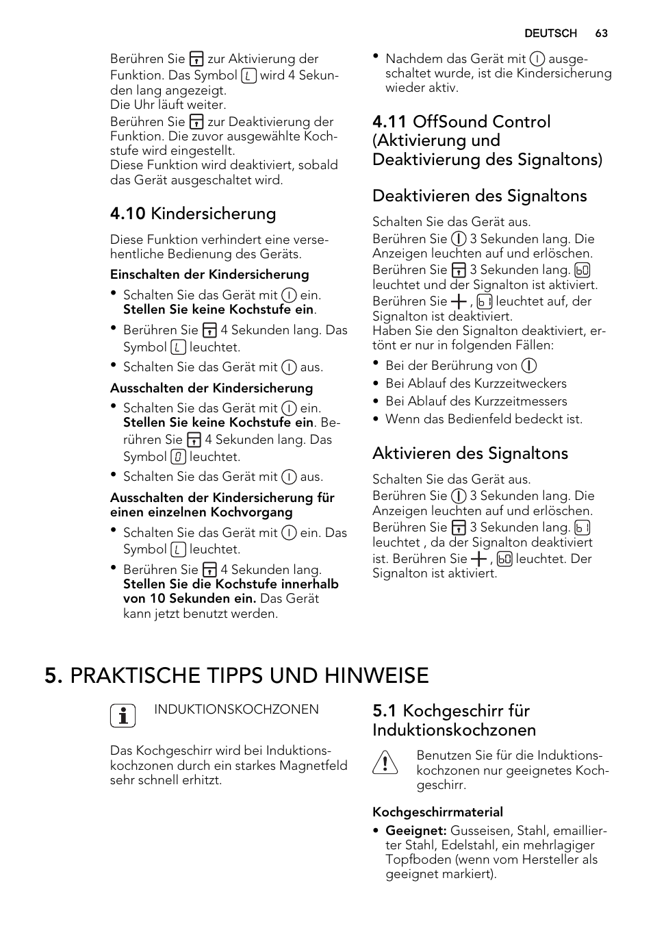 Praktische tipps und hinweise, 10 kindersicherung, Aktivieren des signaltons | 1 kochgeschirr für induktionskochzonen | AEG HK854400IB User Manual | Page 63 / 72