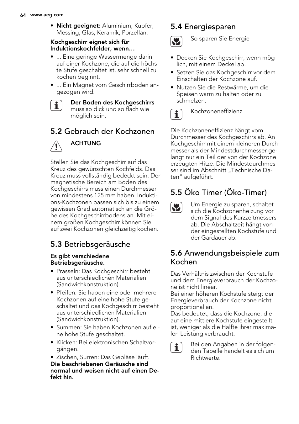 2 gebrauch der kochzonen, 3 betriebsgeräusche, 4 energiesparen | 5 öko timer (öko-timer), 6 anwendungsbeispiele zum kochen | AEG HK854400IB User Manual | Page 64 / 72