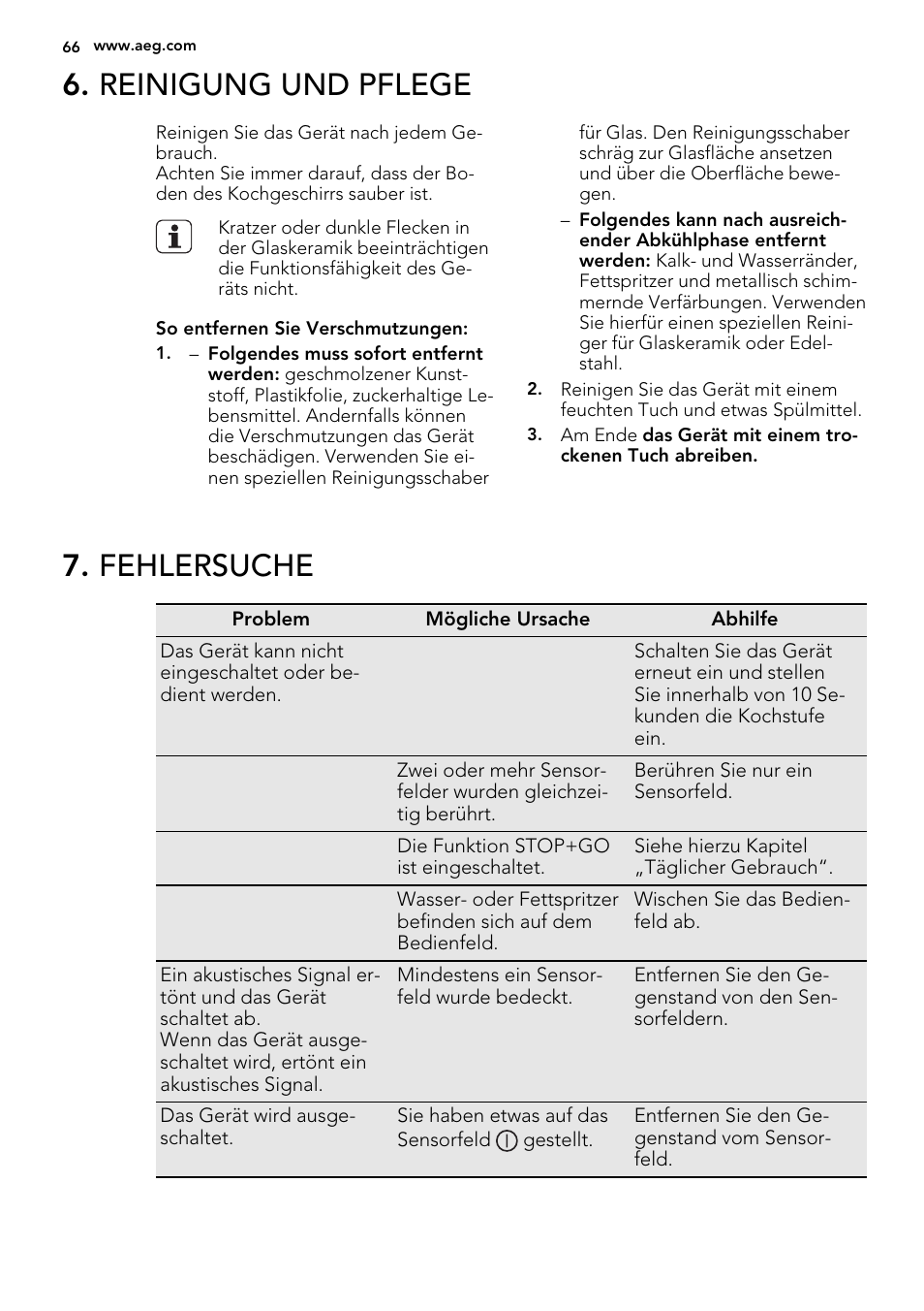 Reinigung und pflege, Fehlersuche | AEG HK854400IB User Manual | Page 66 / 72