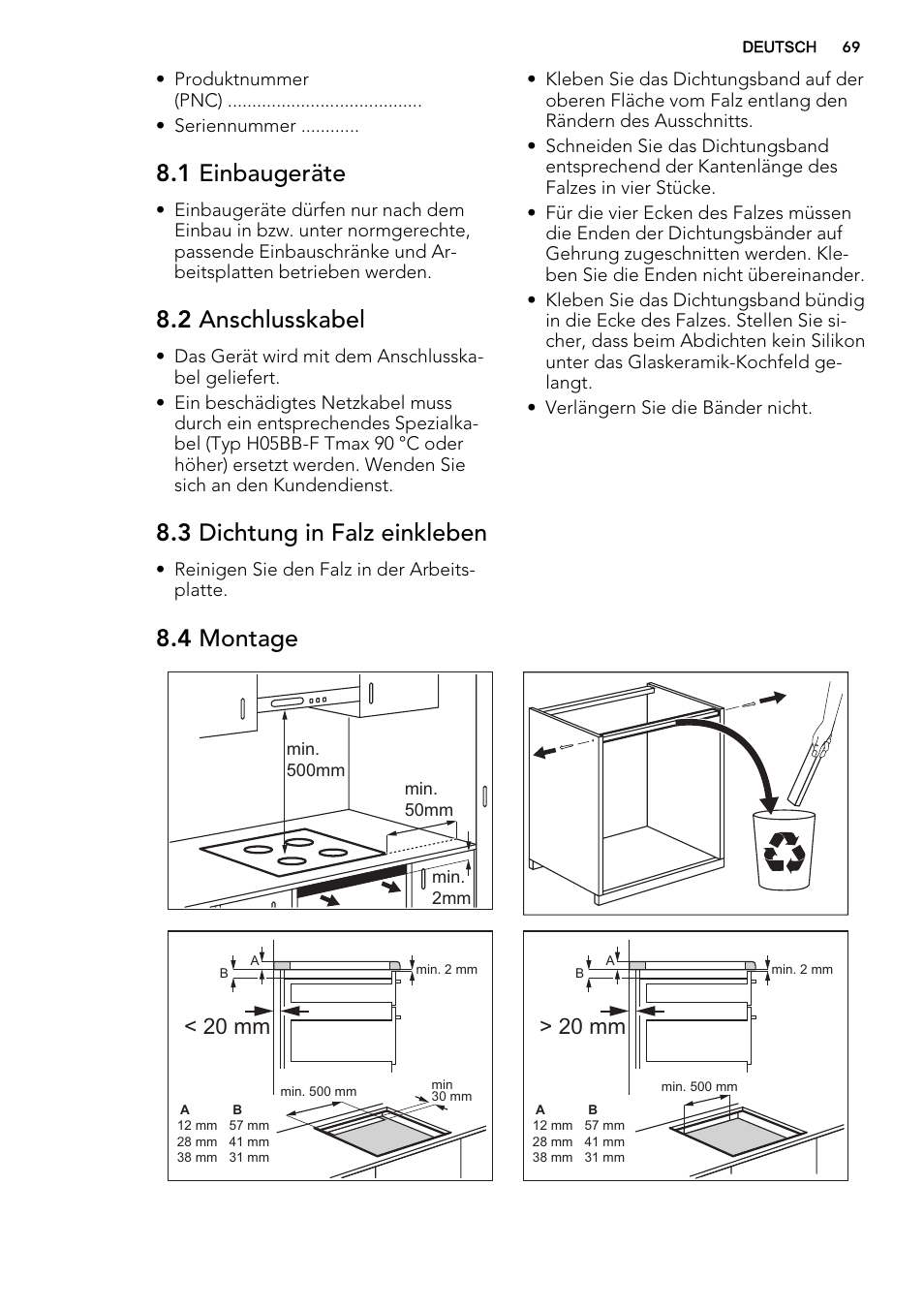 1 einbaugeräte, 2 anschlusskabel, 3 dichtung in falz einkleben | 4 montage, 20 mm | AEG HK854400IB User Manual | Page 69 / 72