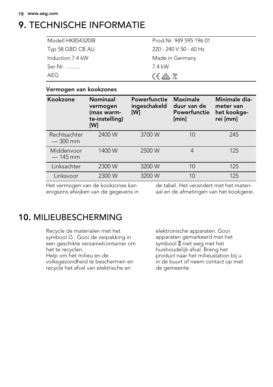 Technische informatie, Milieubescherming | AEG HK854320IB User Manual | Page 18 / 72