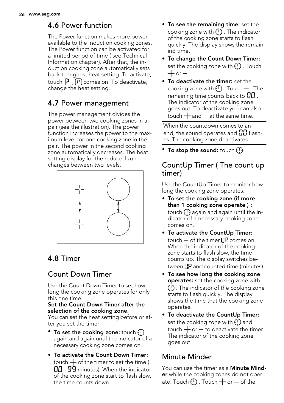 6 power function, 7 power management, 8 timer count down timer | Countup timer ( the count up timer), Minute minder | AEG HK854320IB User Manual | Page 26 / 72